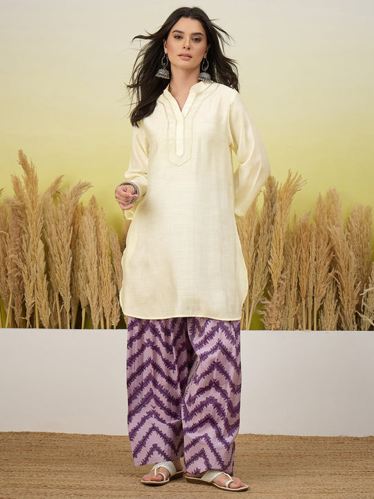 White Kurta Voilet Chevron Print Salwar Set (To be dispatched in 7 -10 days)