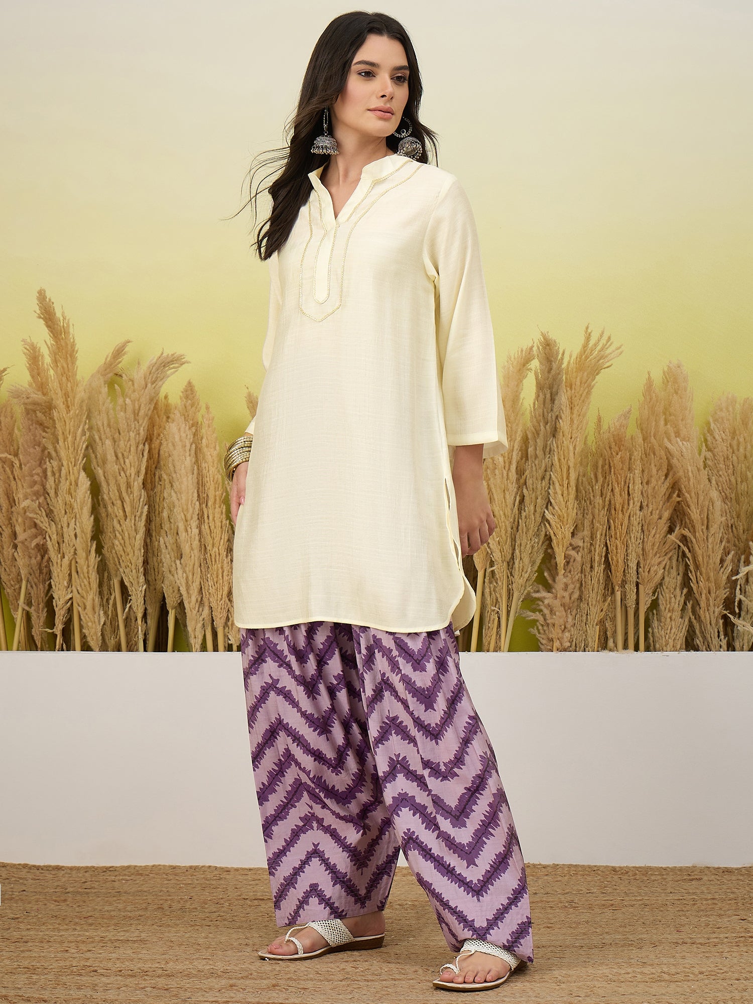 White Kurta Voilet Chevron Print Salwar Set (To be dispatched in 7 -10 days)
