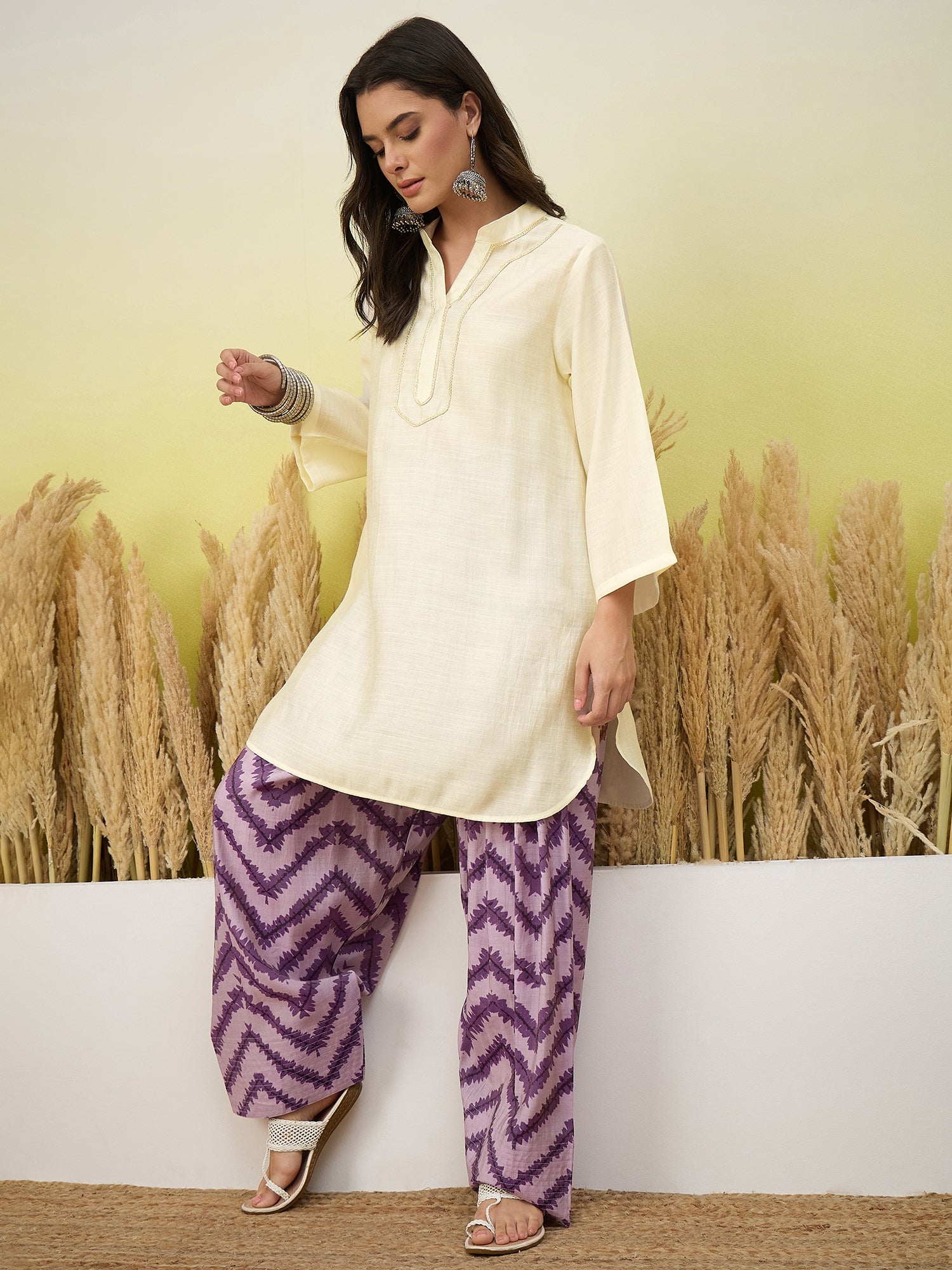 White Kurta Voilet Chevron Print Salwar Set (To be dispatched in 7 -10 days)