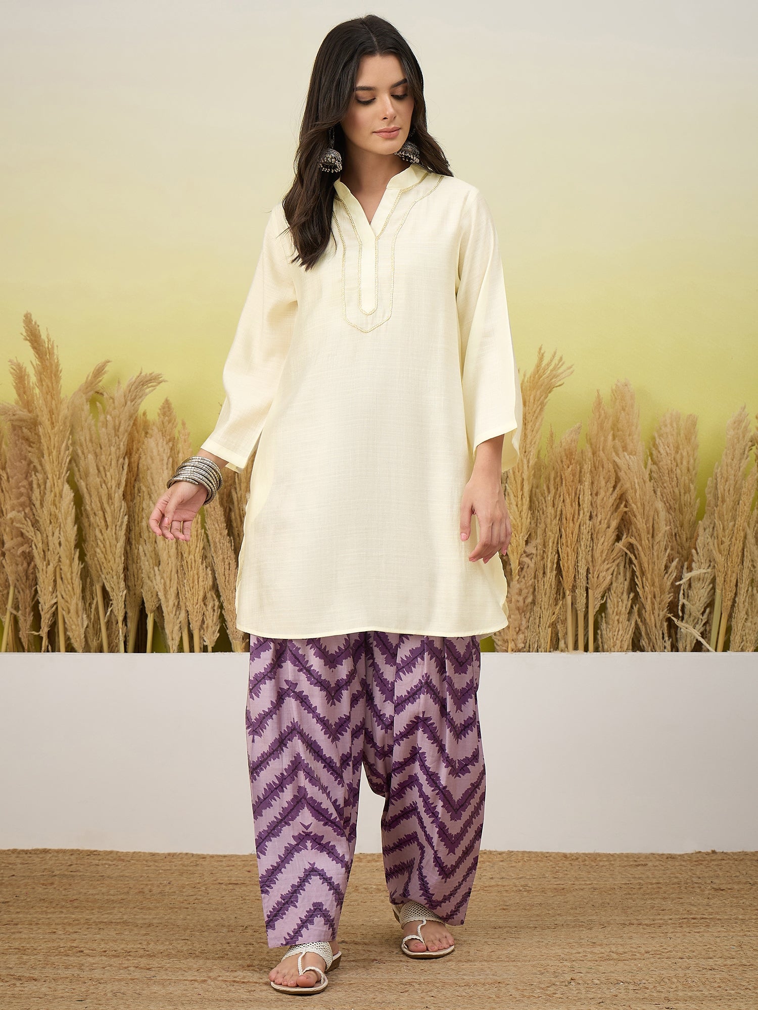 White Kurta Voilet Chevron Print Salwar Set (To be dispatched in 7 -10 days)