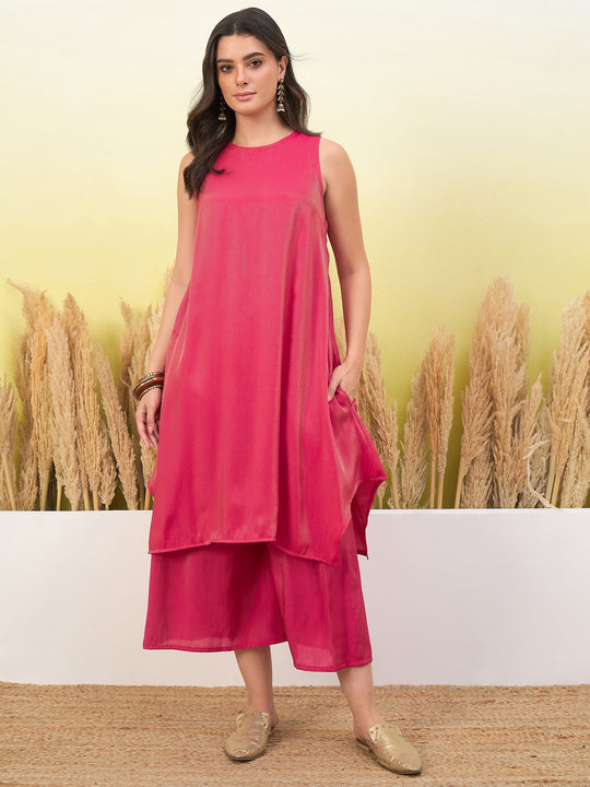 Pink Round Neck Kurta Short Palazzo Set (To be dispatched in 7 -10 days)