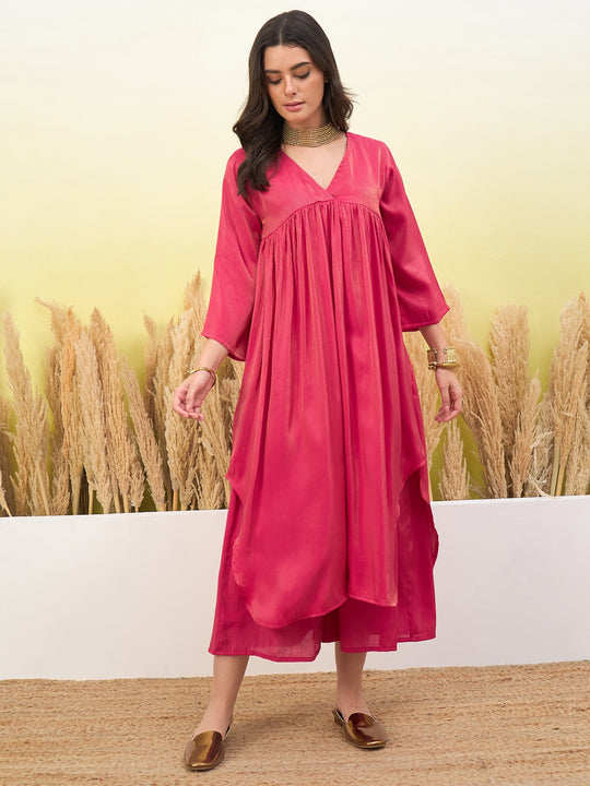 Pink V Neck Flared Kurta Set (To be dispatched in 7 -10 days)