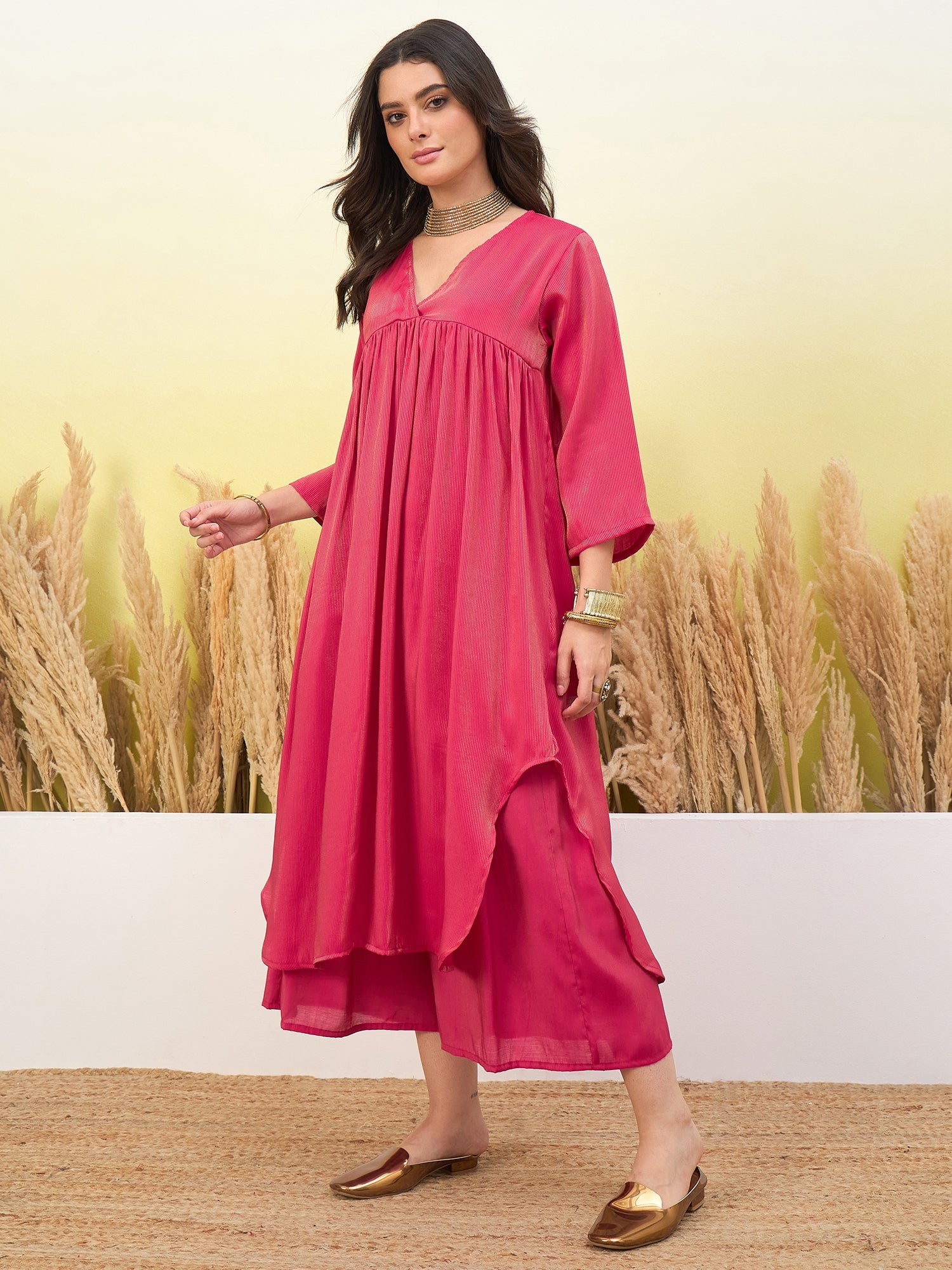 Pink V Neck Flared Kurta Set (To be dispatched in 7 -10 days)
