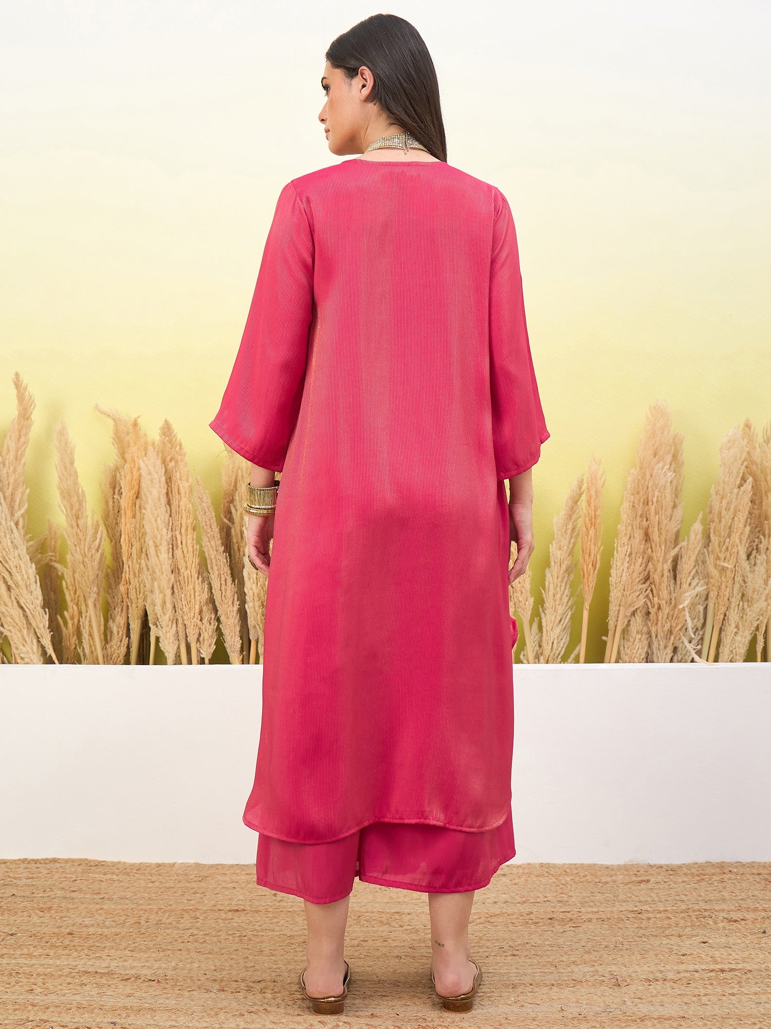 Pink V Neck Flared Kurta Set (To be dispatched in 7 -10 days)