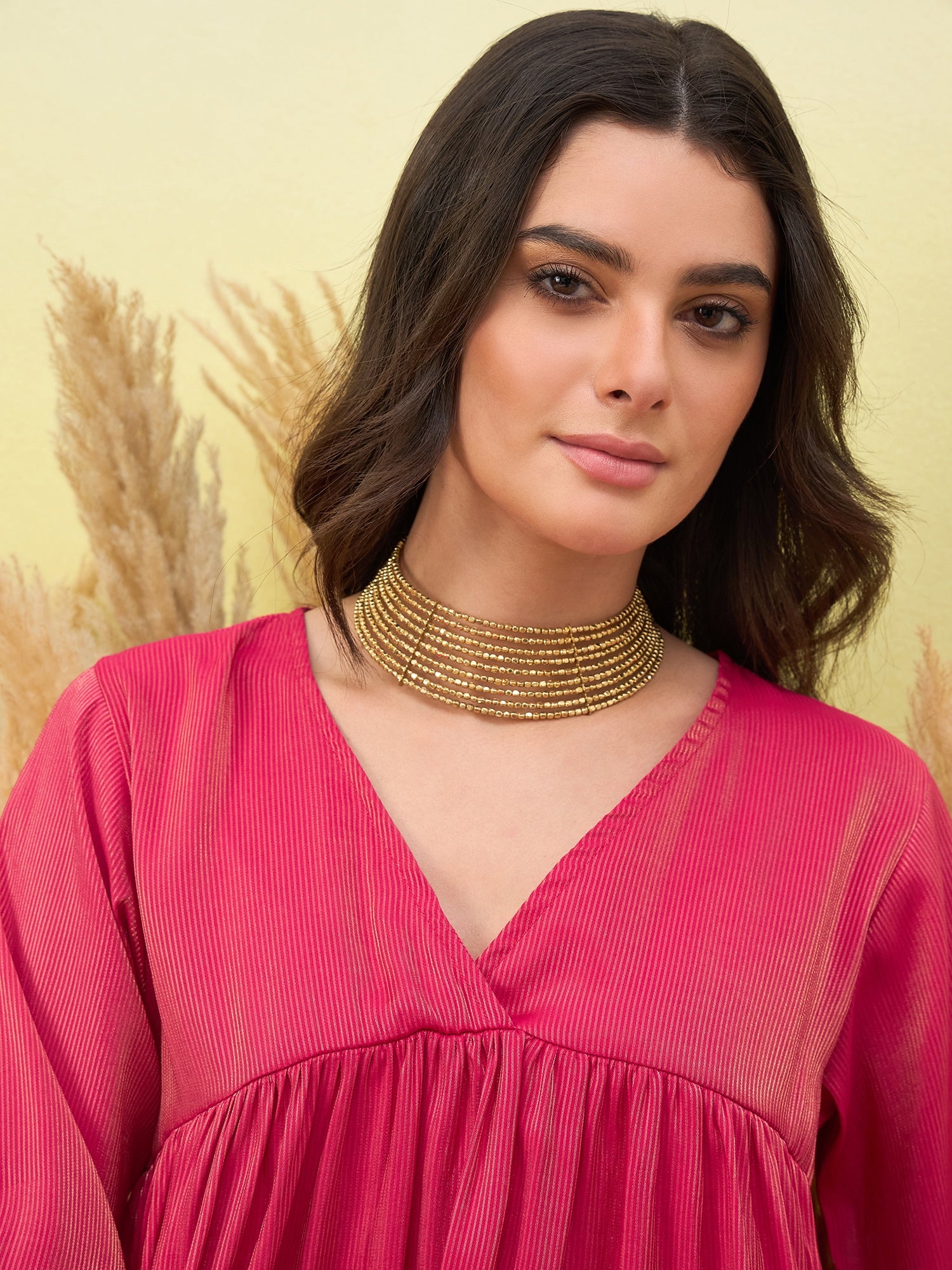 Pink V Neck Flared Kurta Set (To be dispatched in 7 -10 days)