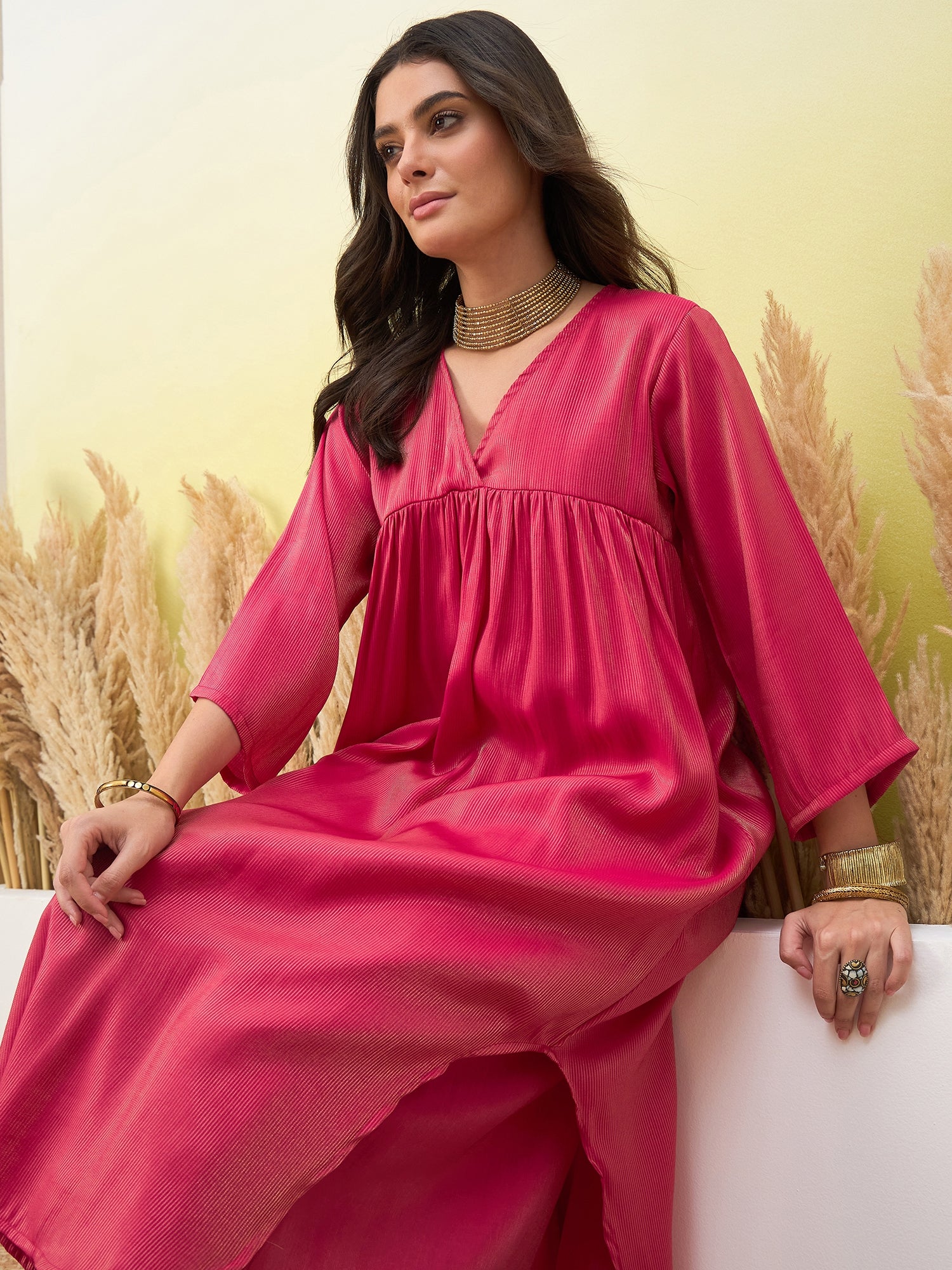 Pink V Neck Flared Kurta Set (To be dispatched in 7 -10 days)