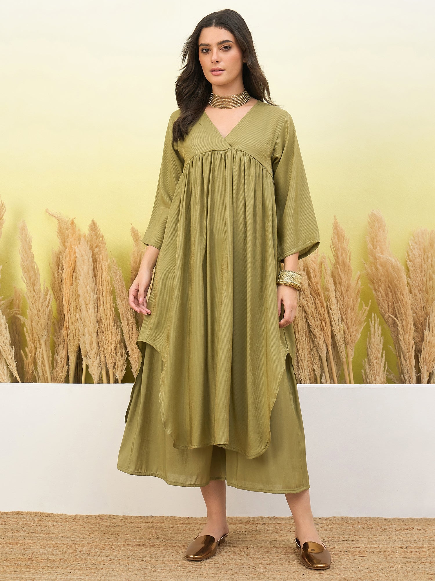 Light Green V Neck Flared Kurta Set (To be dispatched in 7 -10 days)
