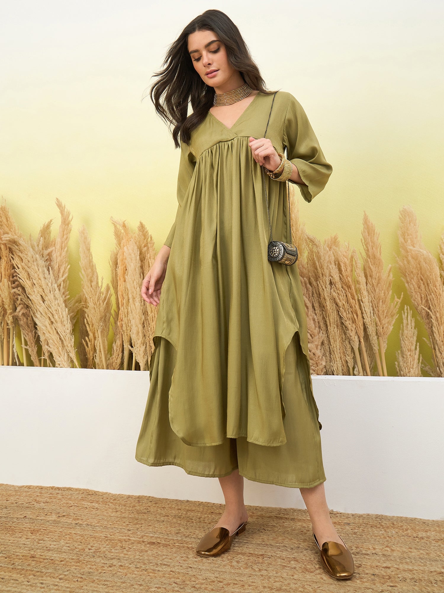 Light Green V Neck Flared Kurta Set (To be dispatched in 7 -10 days)