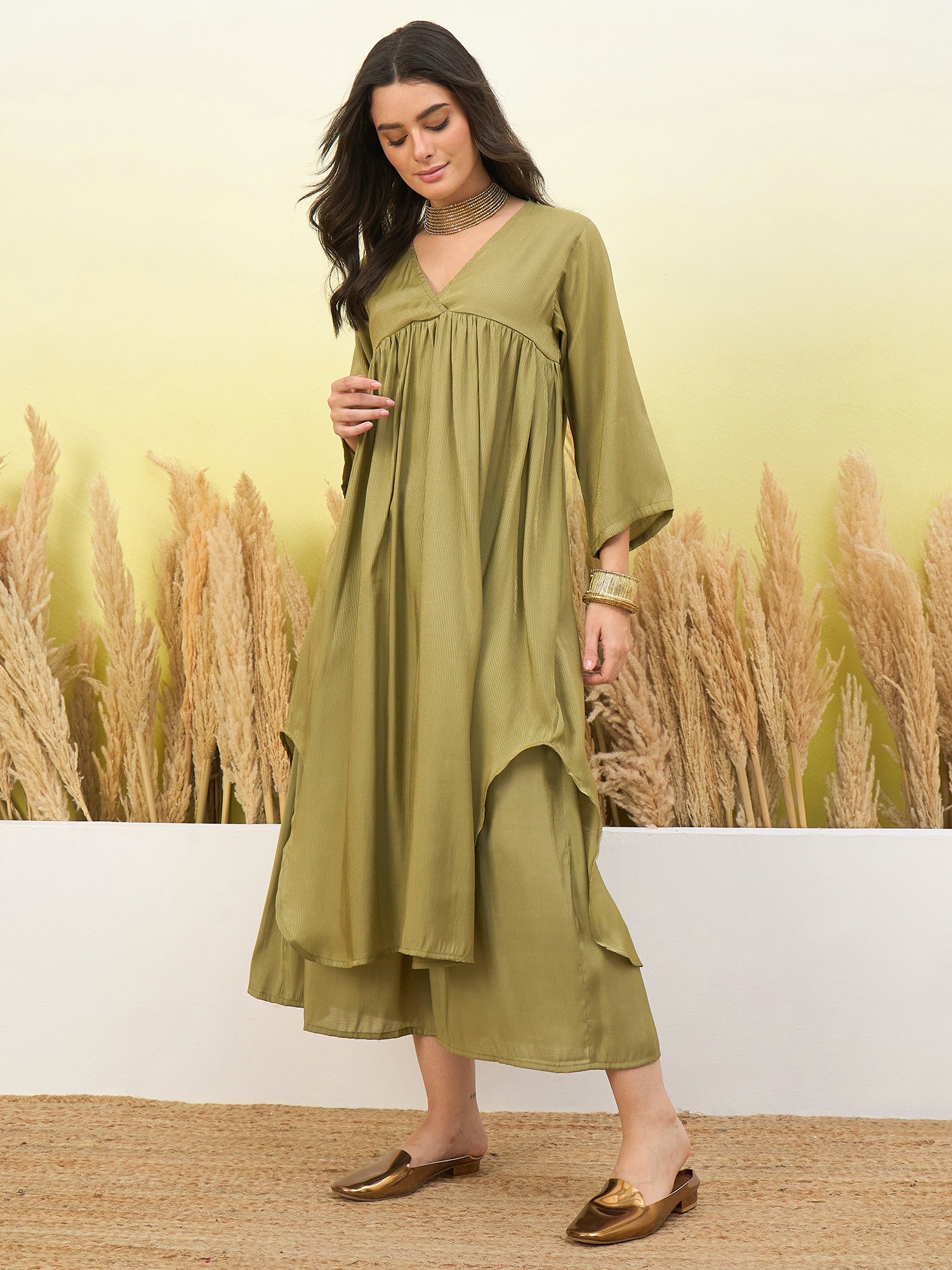 Light Green V Neck Flared Kurta Set (To be dispatched in 7 -10 days)