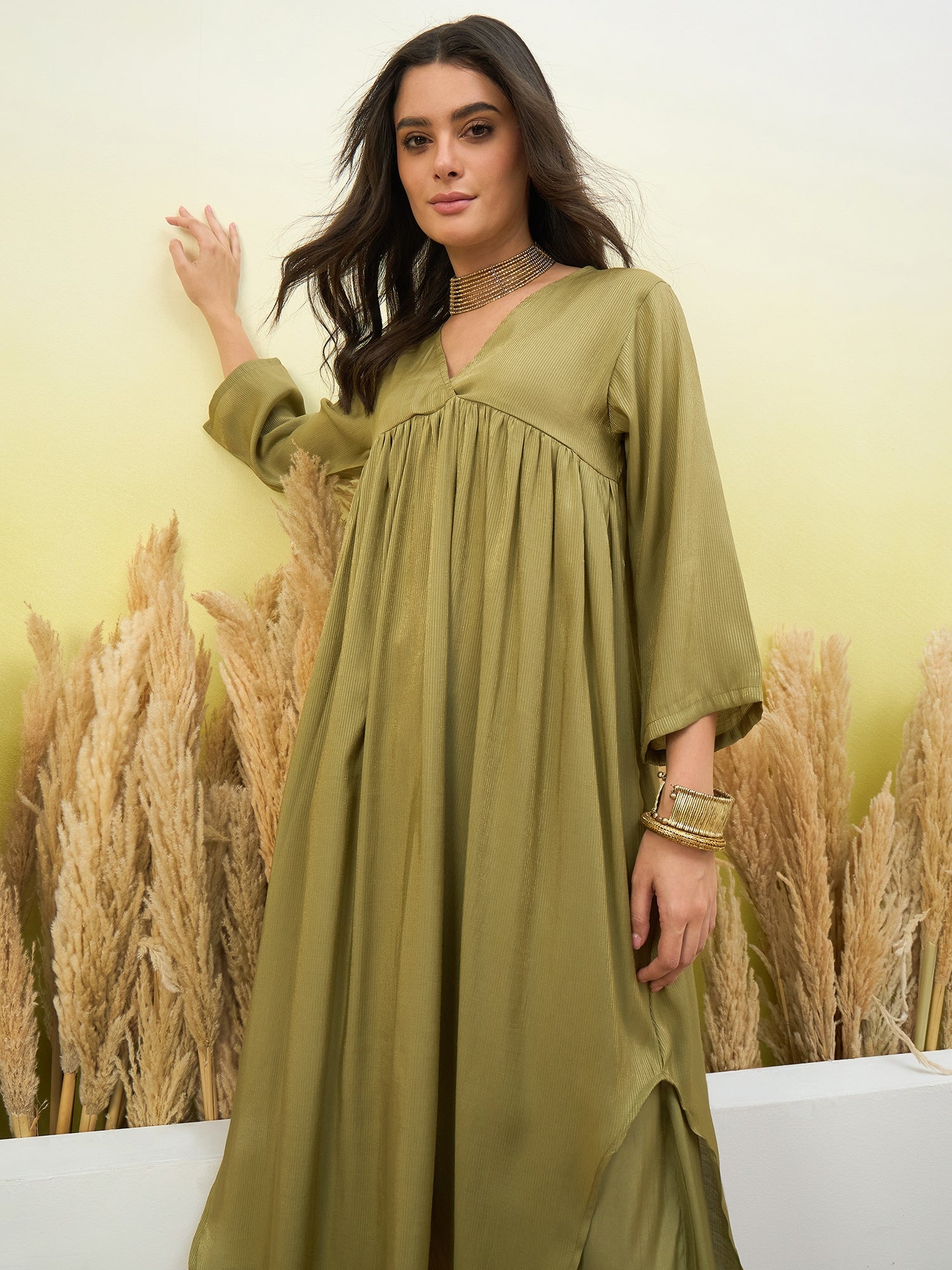 Light Green V Neck Flared Kurta Set (To be dispatched in 7 -10 days)