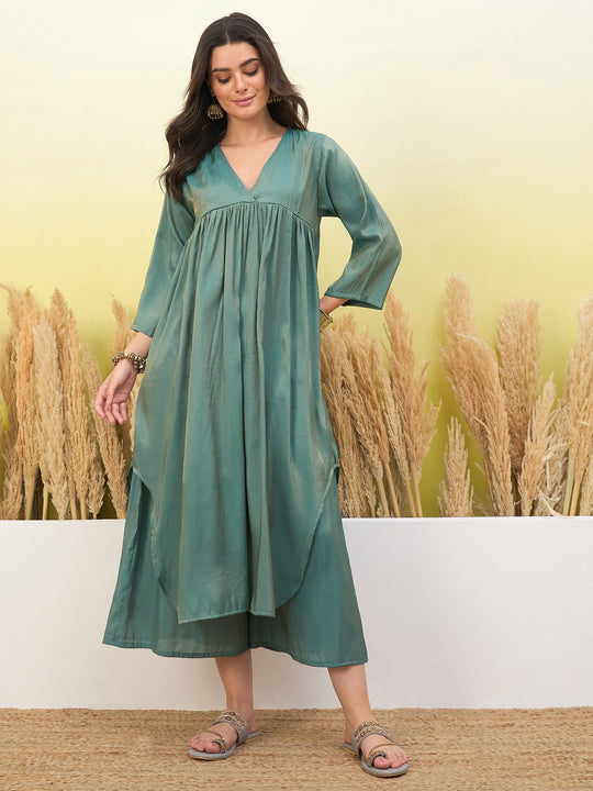 Dusty Teal V Neck Flared Kurta  Set (To be dispatched in 7 -10 days)