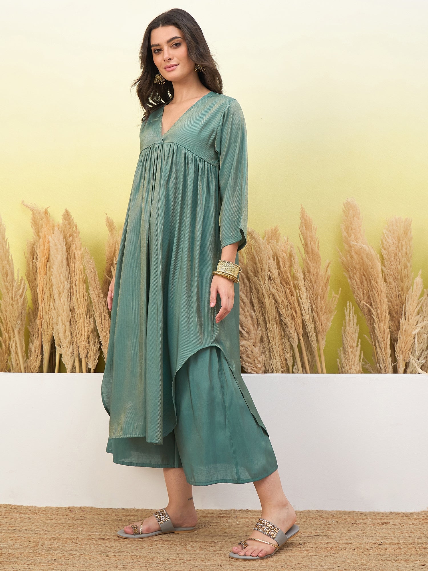 Dusty Teal V Neck Flared Kurta  Set (To be dispatched in 7 -10 days)