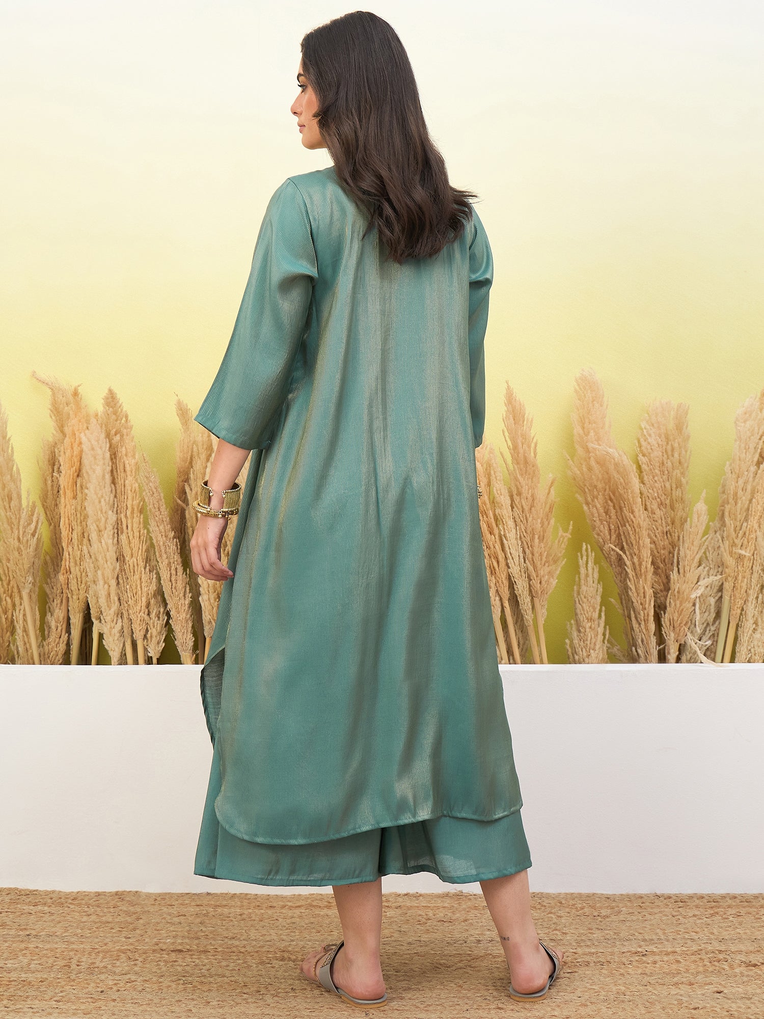 Dusty Teal V Neck Flared Kurta  Set (To be dispatched in 7 -10 days)