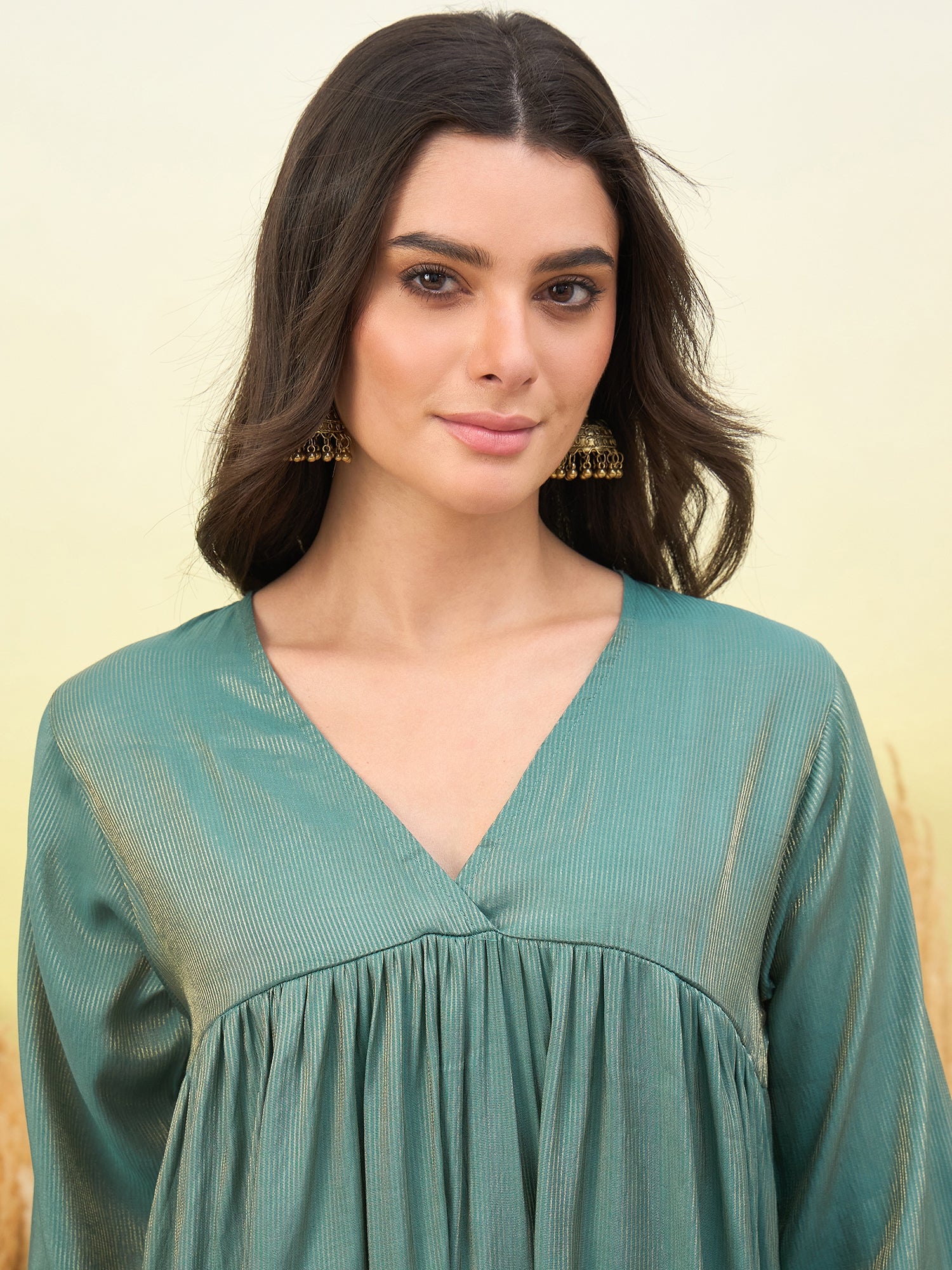Dusty Teal V Neck Flared Kurta  Set (To be dispatched in 7 -10 days)
