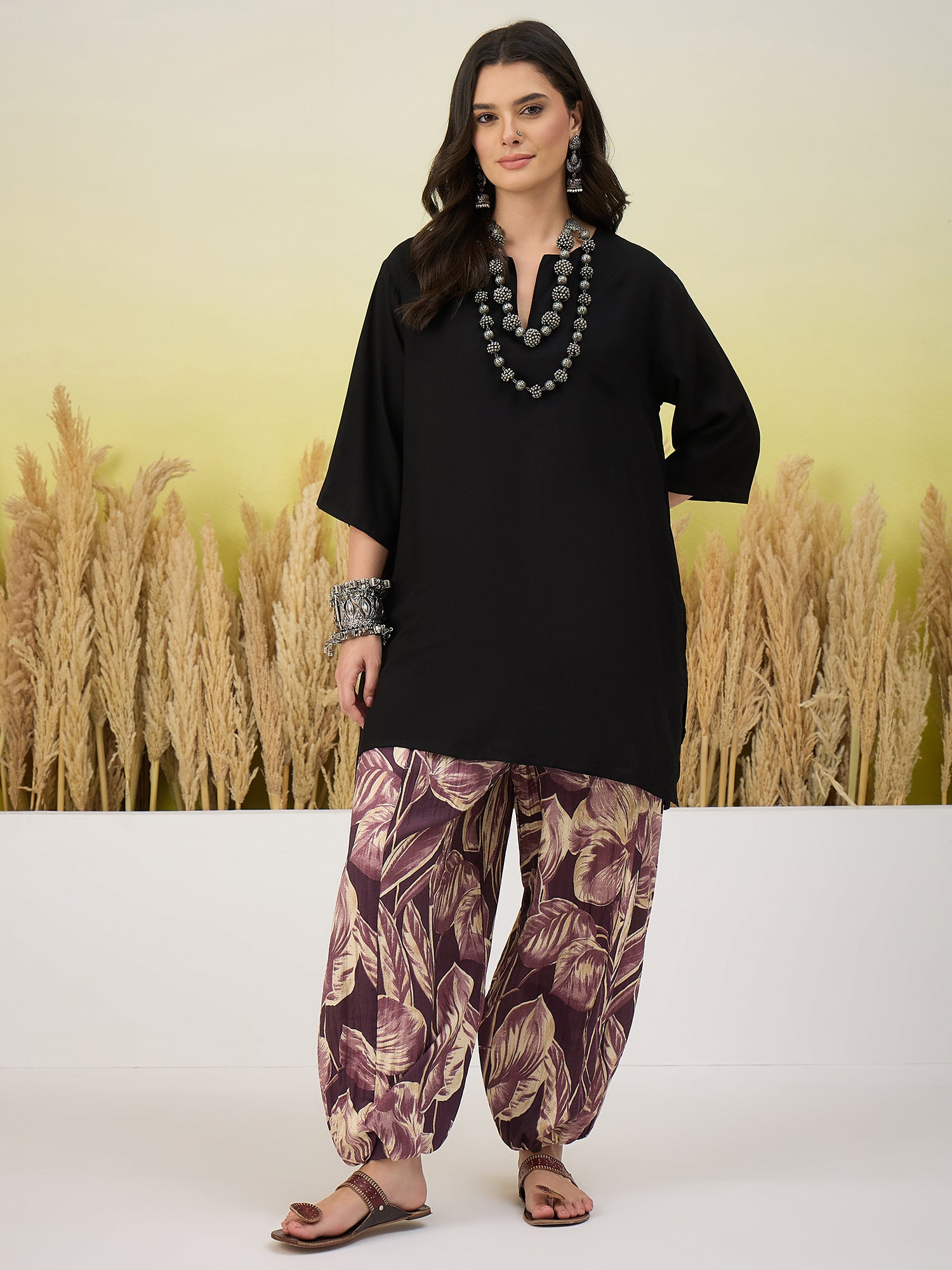 Black Short Kurti Mauve Balloon Pant Set