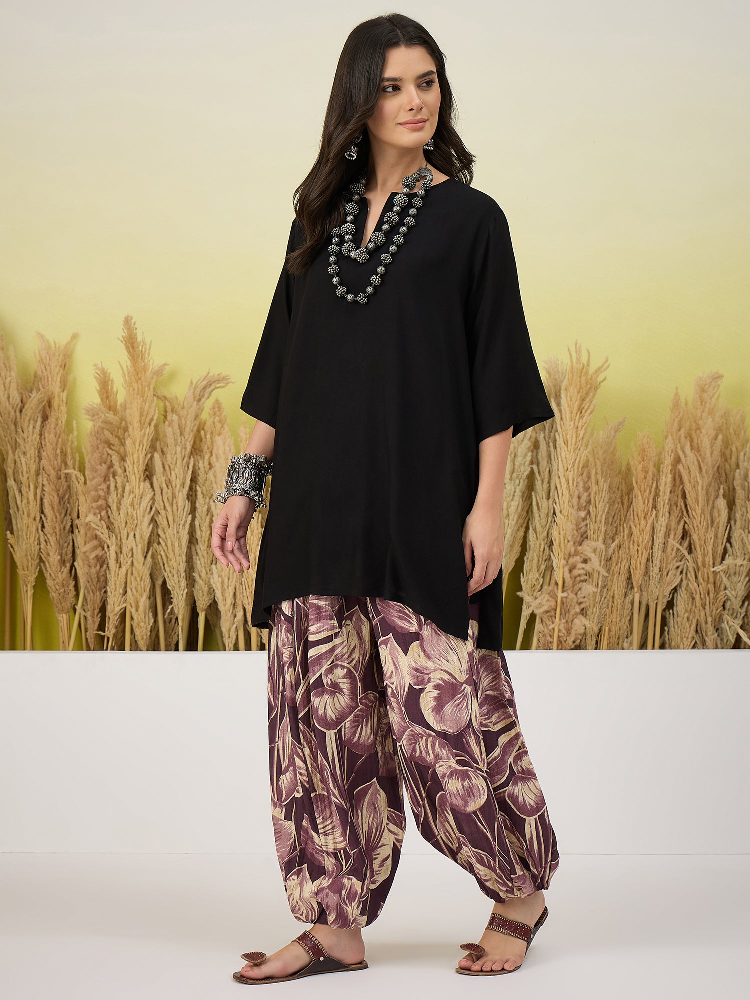 Black Short Kurti Mauve Balloon Pant Set
