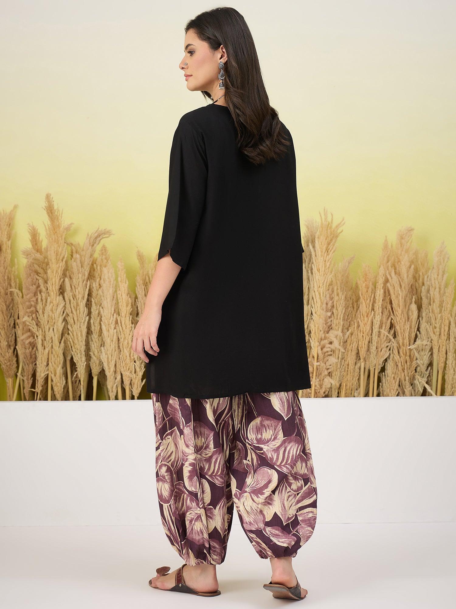Black Short Kurti Mauve Balloon Pant Set