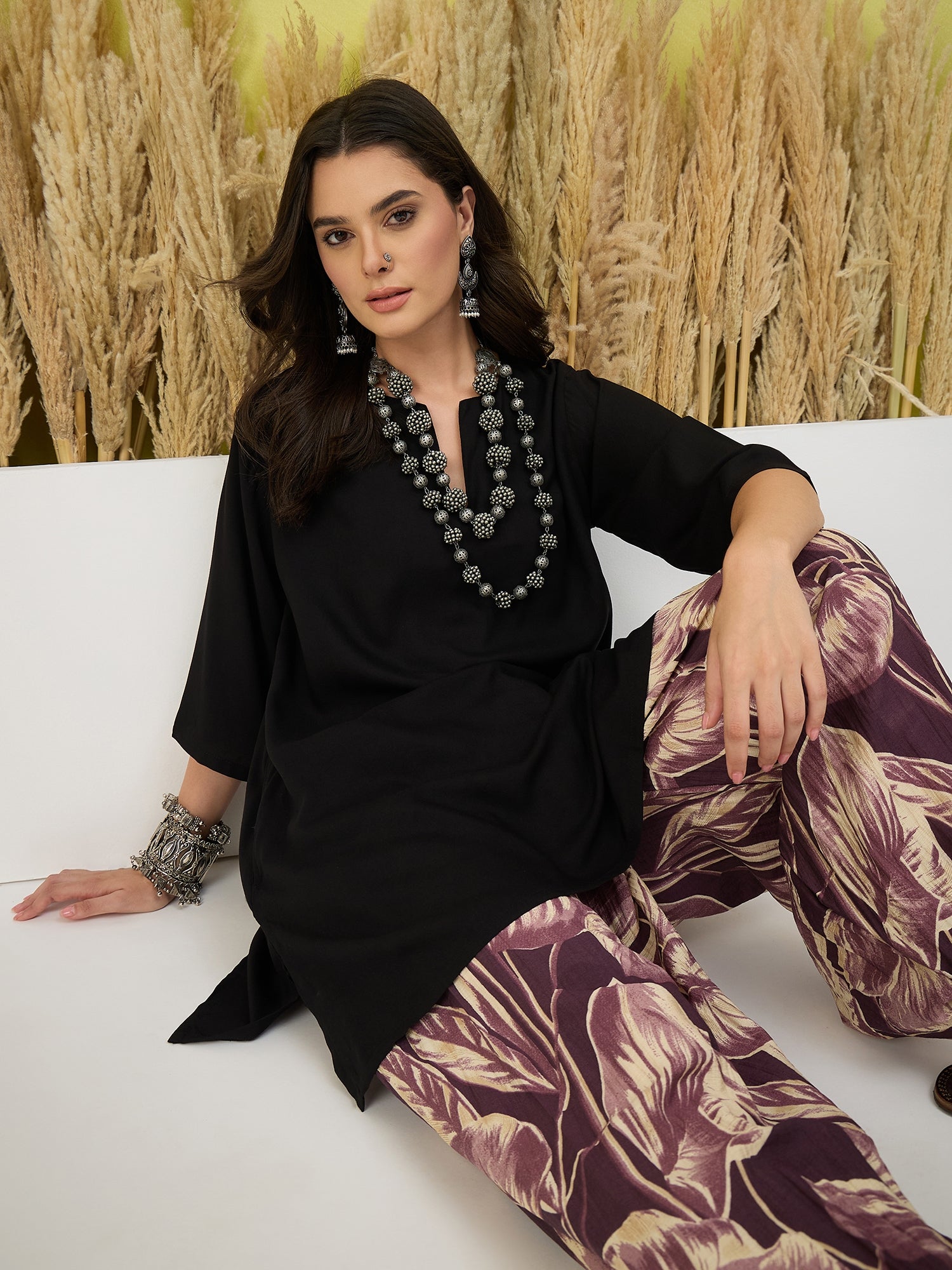 Black Short Kurti Mauve Balloon Pant Set