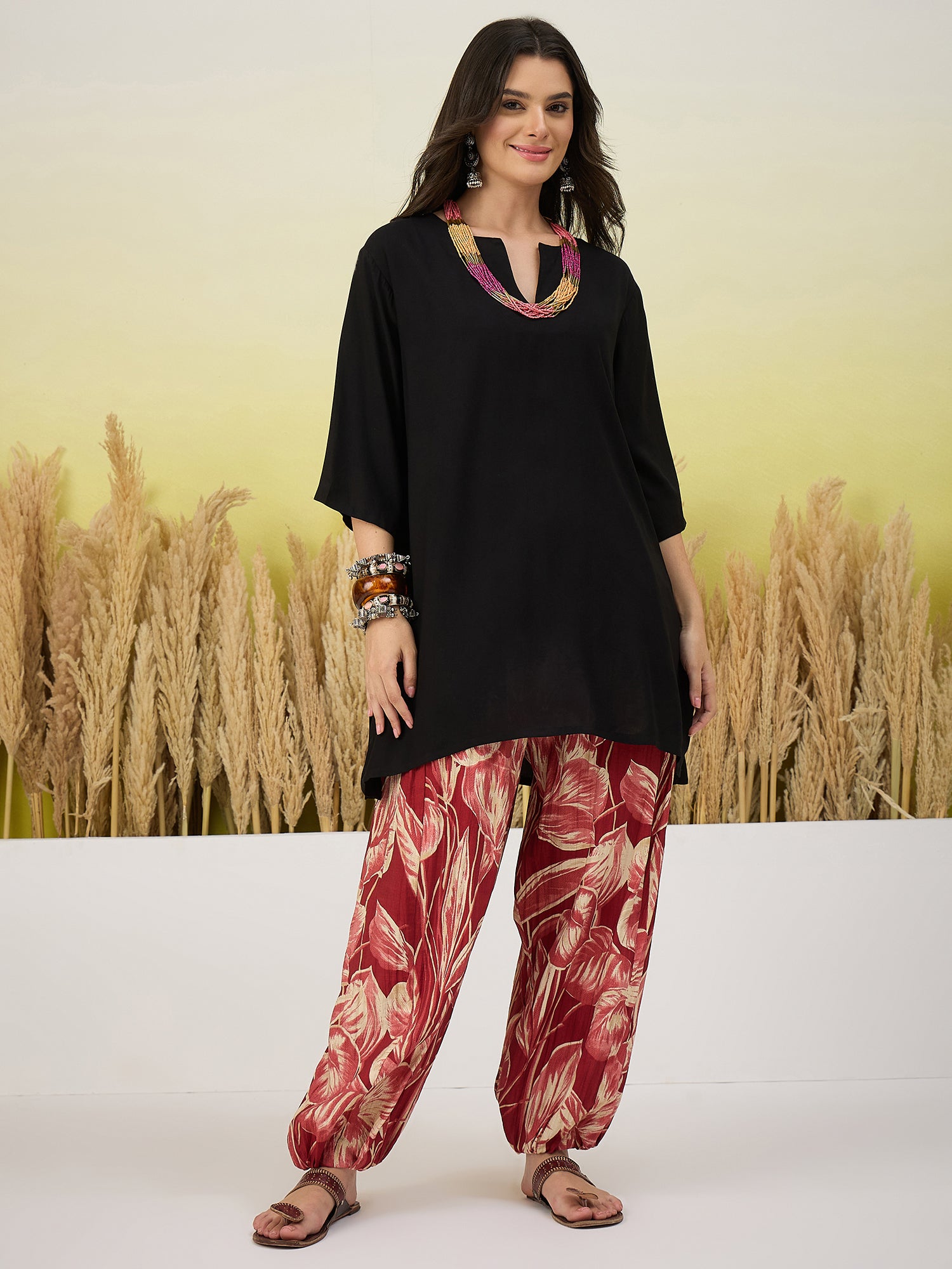 Black Short kurti Red Balloon Pant Set