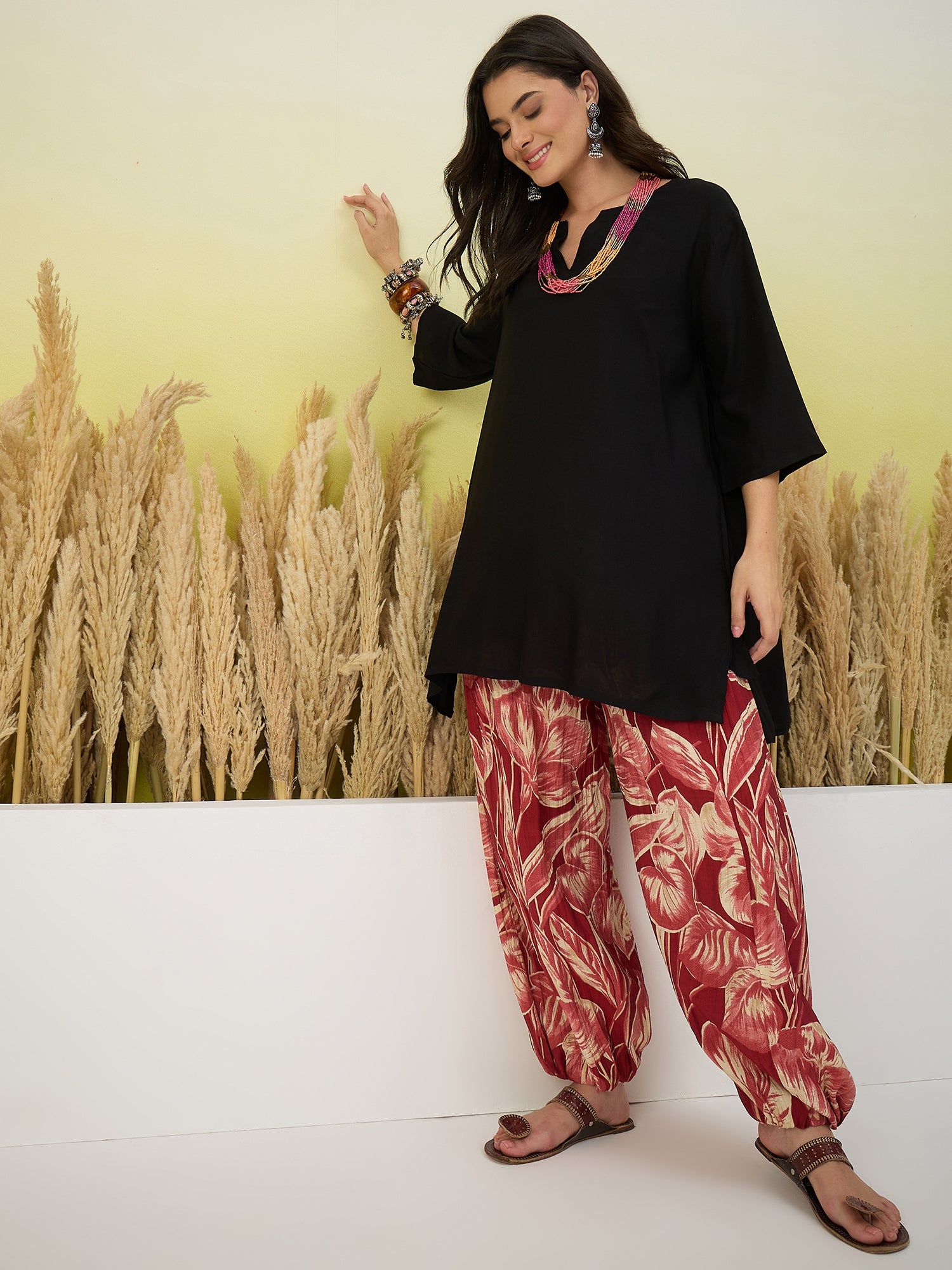 Black Short kurti Red Balloon Pant Set