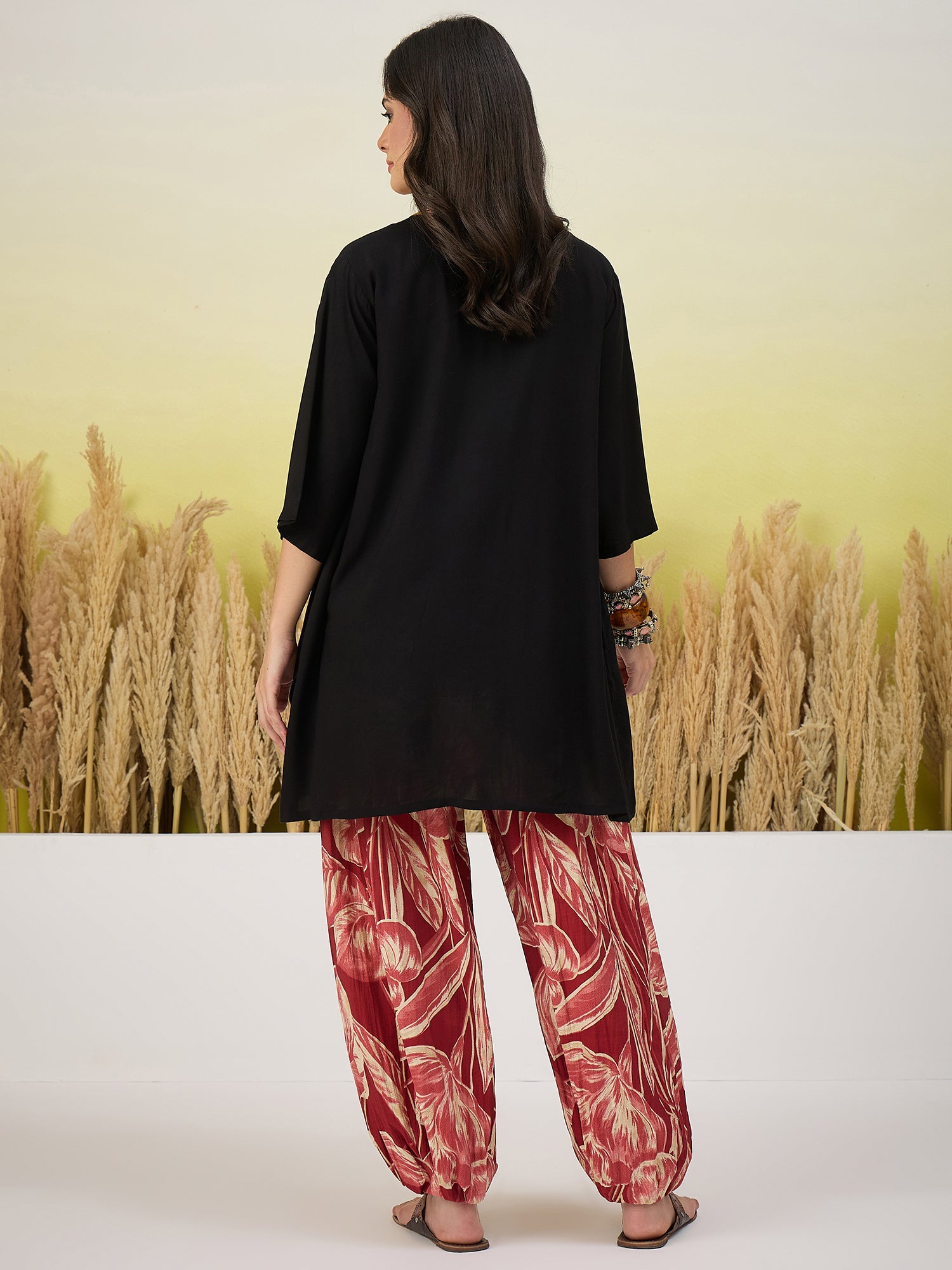 Black Short kurti Red Balloon Pant Set