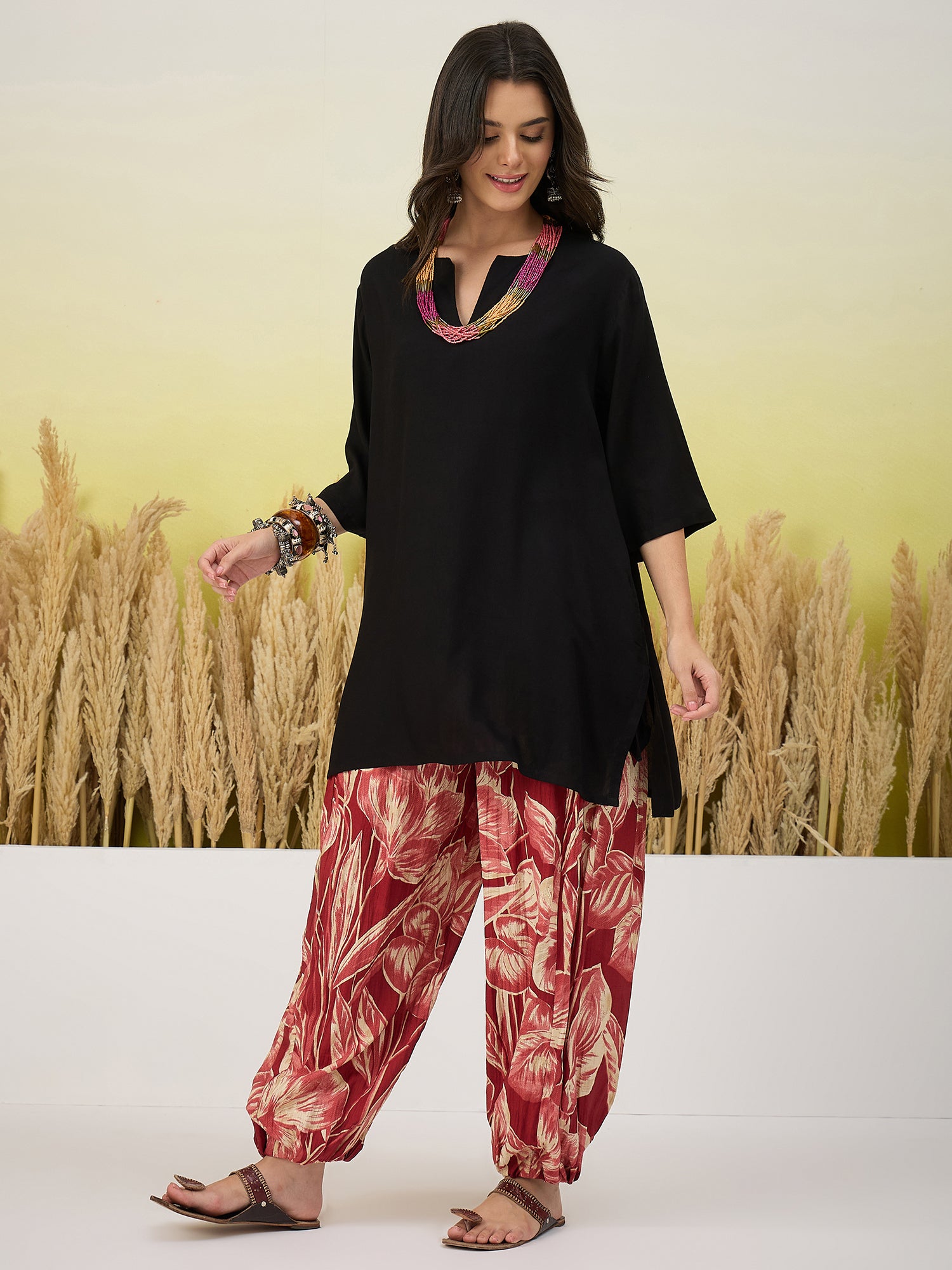 Black Short kurti Red Balloon Pant Set