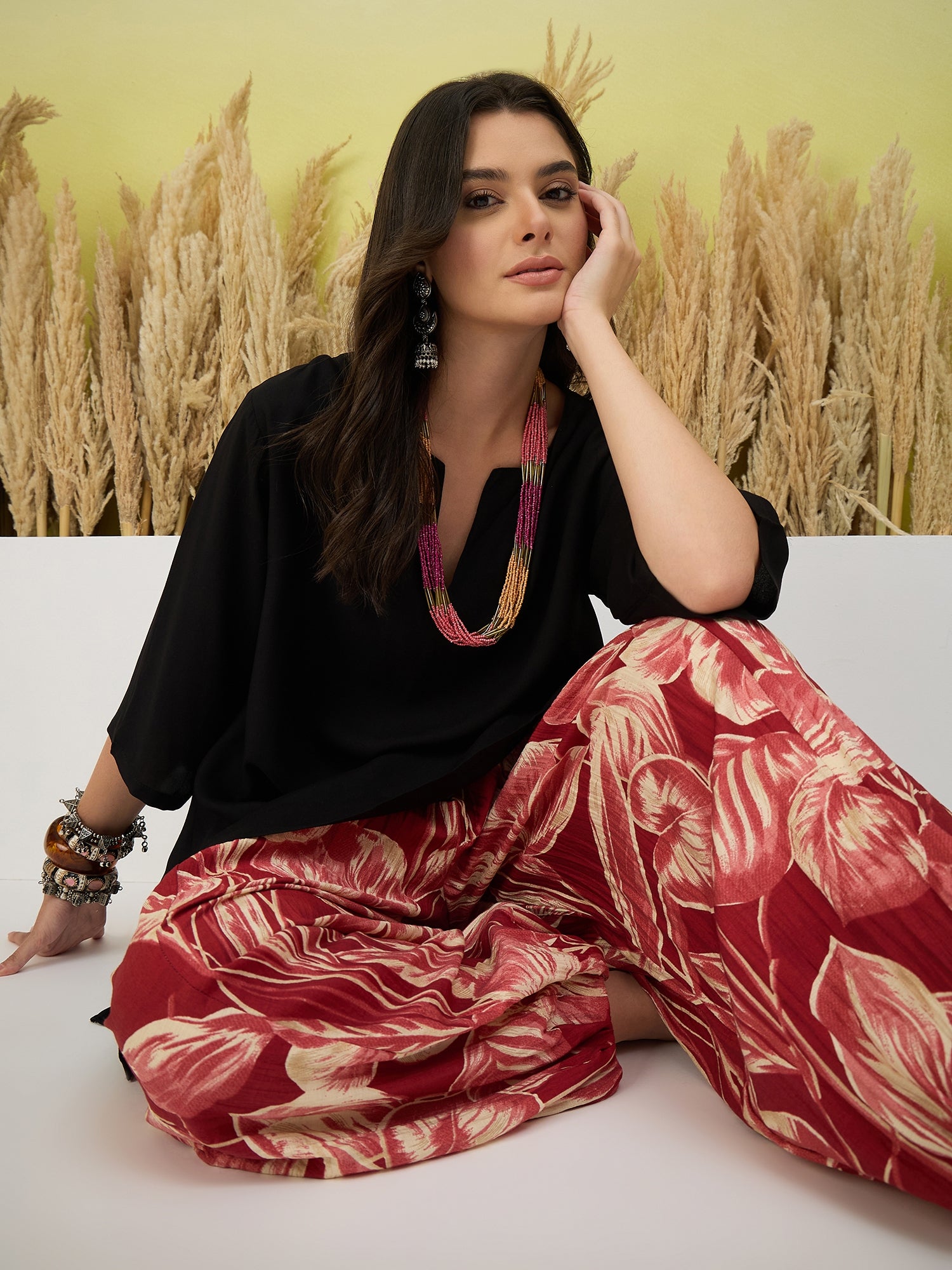 Black Short kurti Red Balloon Pant Set