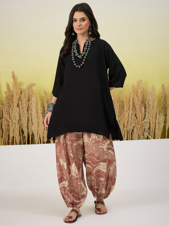 Black Short Kurti Peach Balloon Pant Set