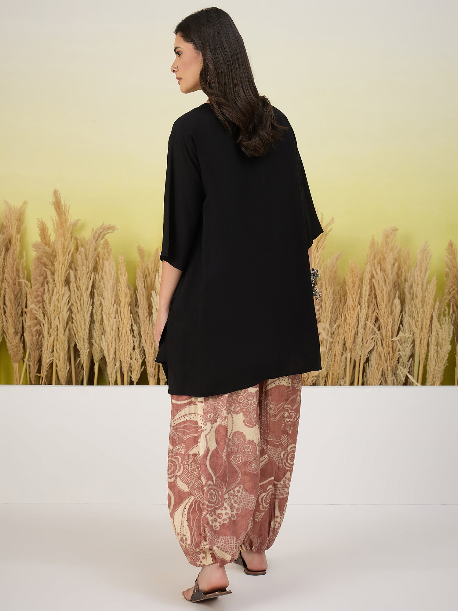 Black Short Kurti Peach Balloon Pant Set