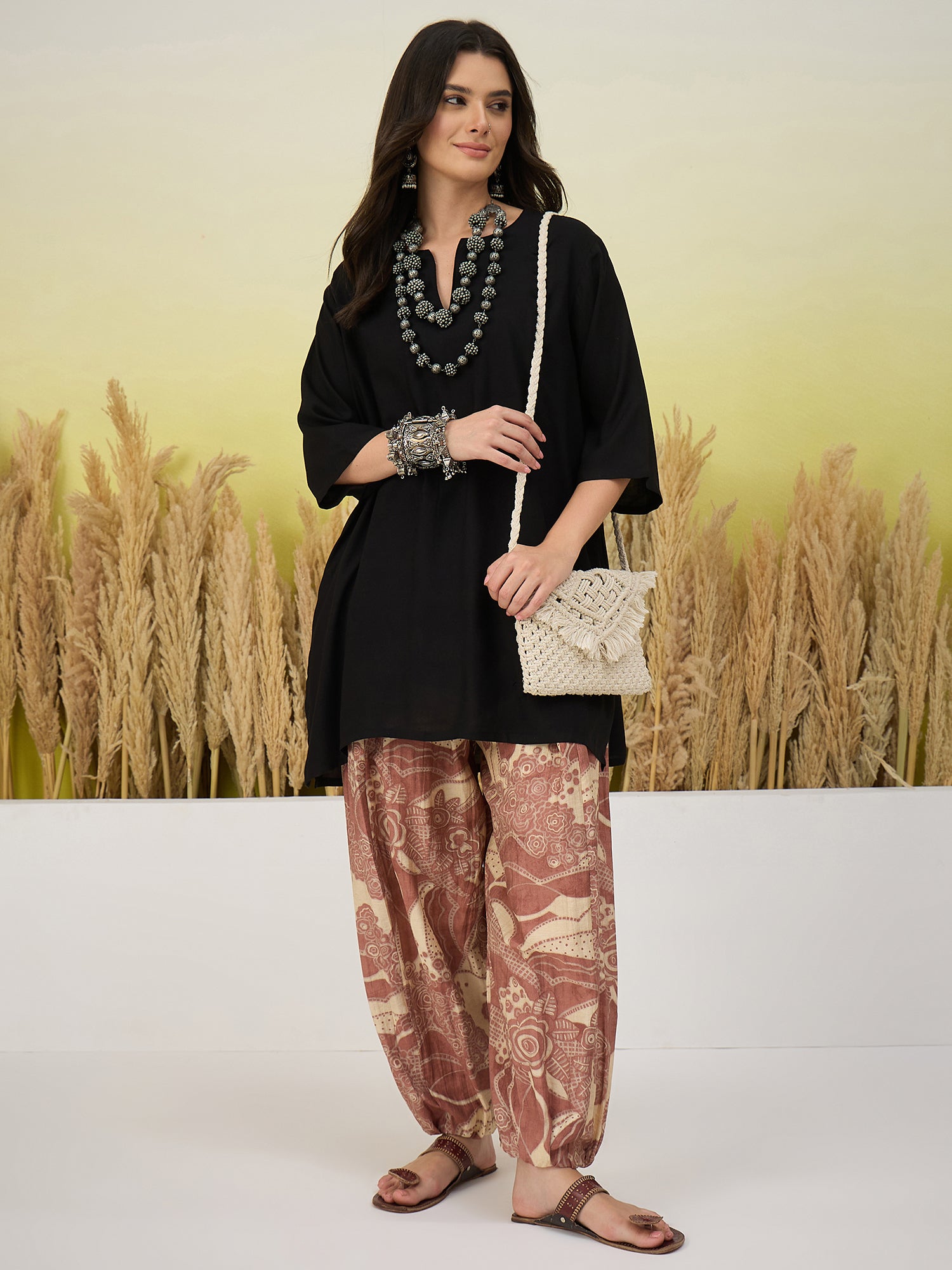 Black Short Kurti Peach Balloon Pant Set