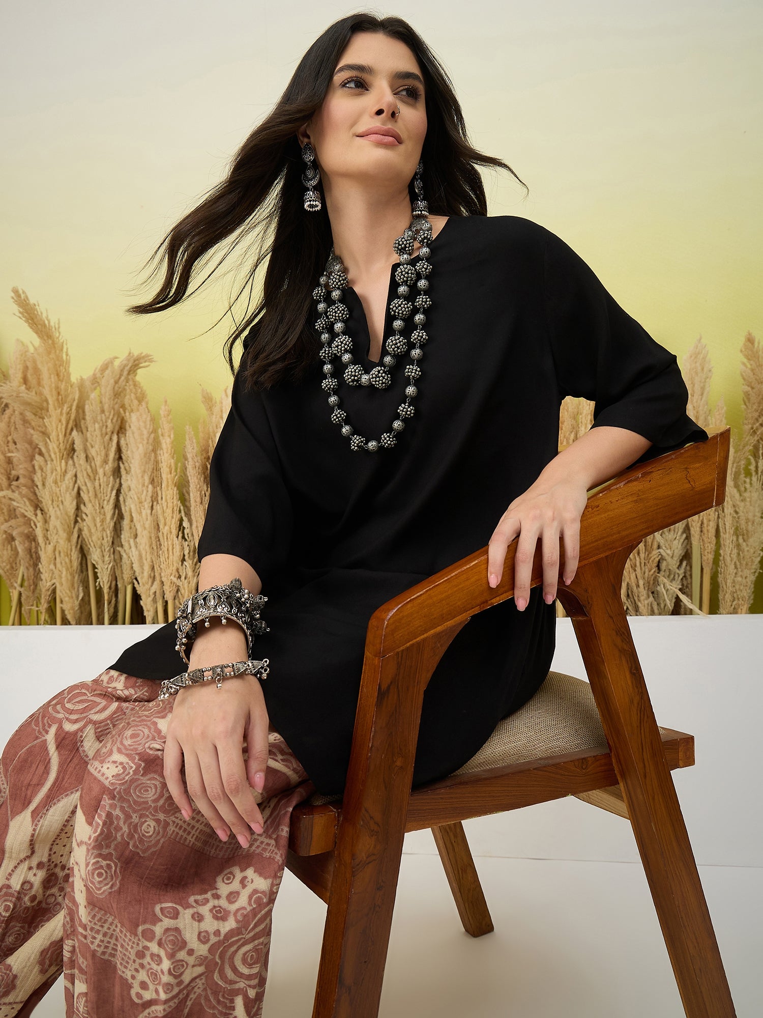 Black Short Kurti Peach Balloon Pant Set
