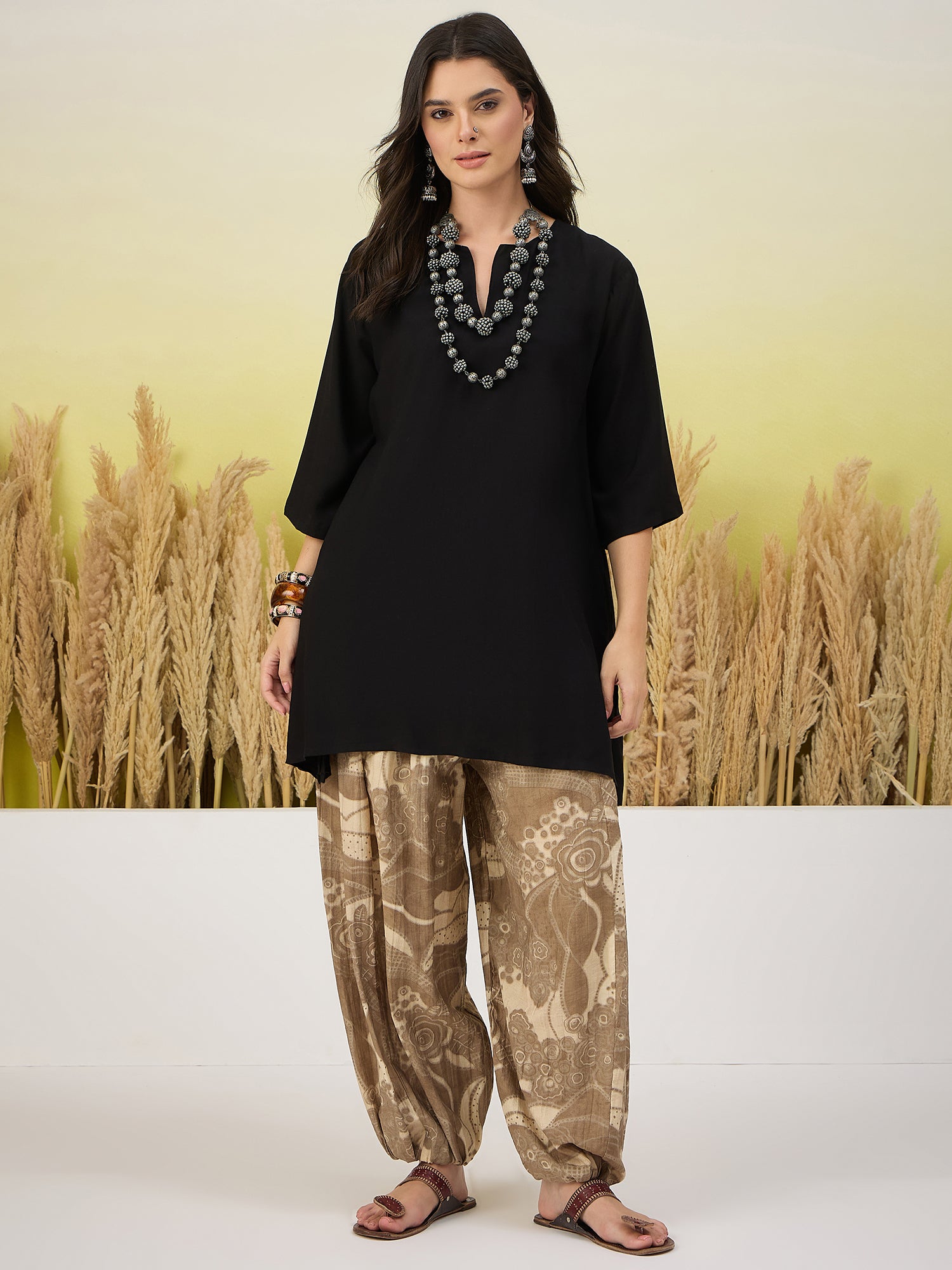 Black Short Kurti Khaki Leaf Balloon Pant Set