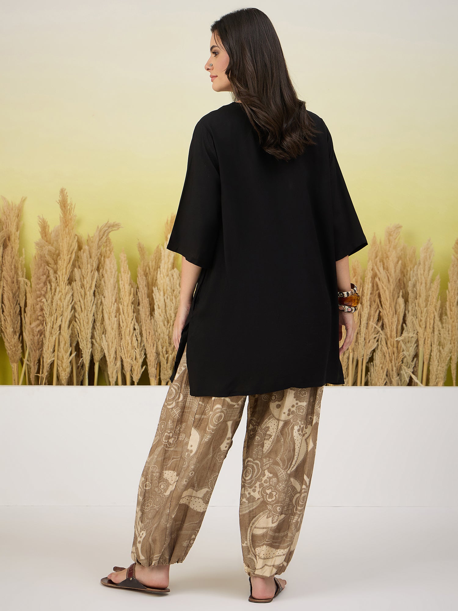 Black Short Kurti Khaki Leaf Balloon Pant Set