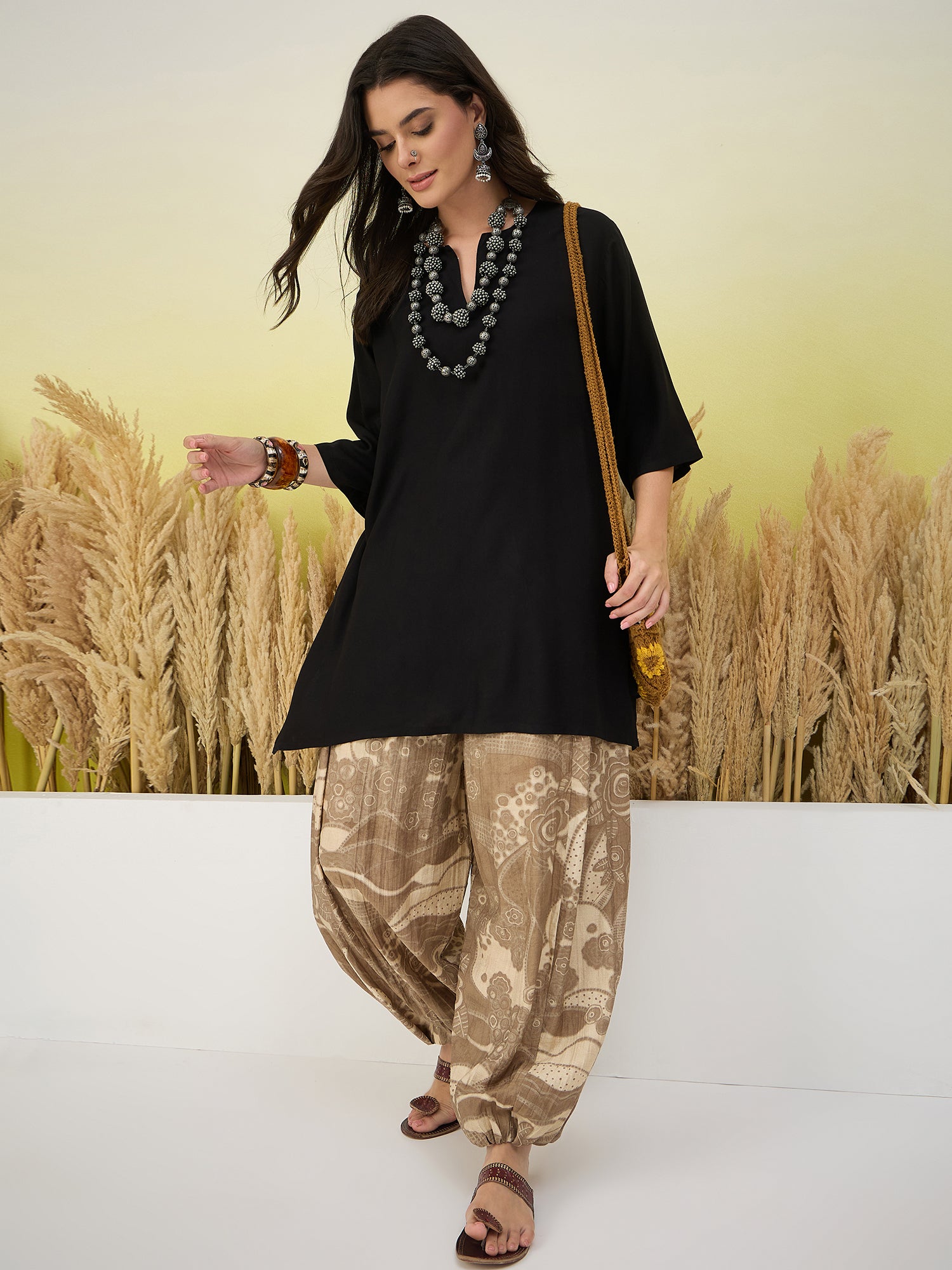 Black Short Kurti Khaki Leaf Balloon Pant Set
