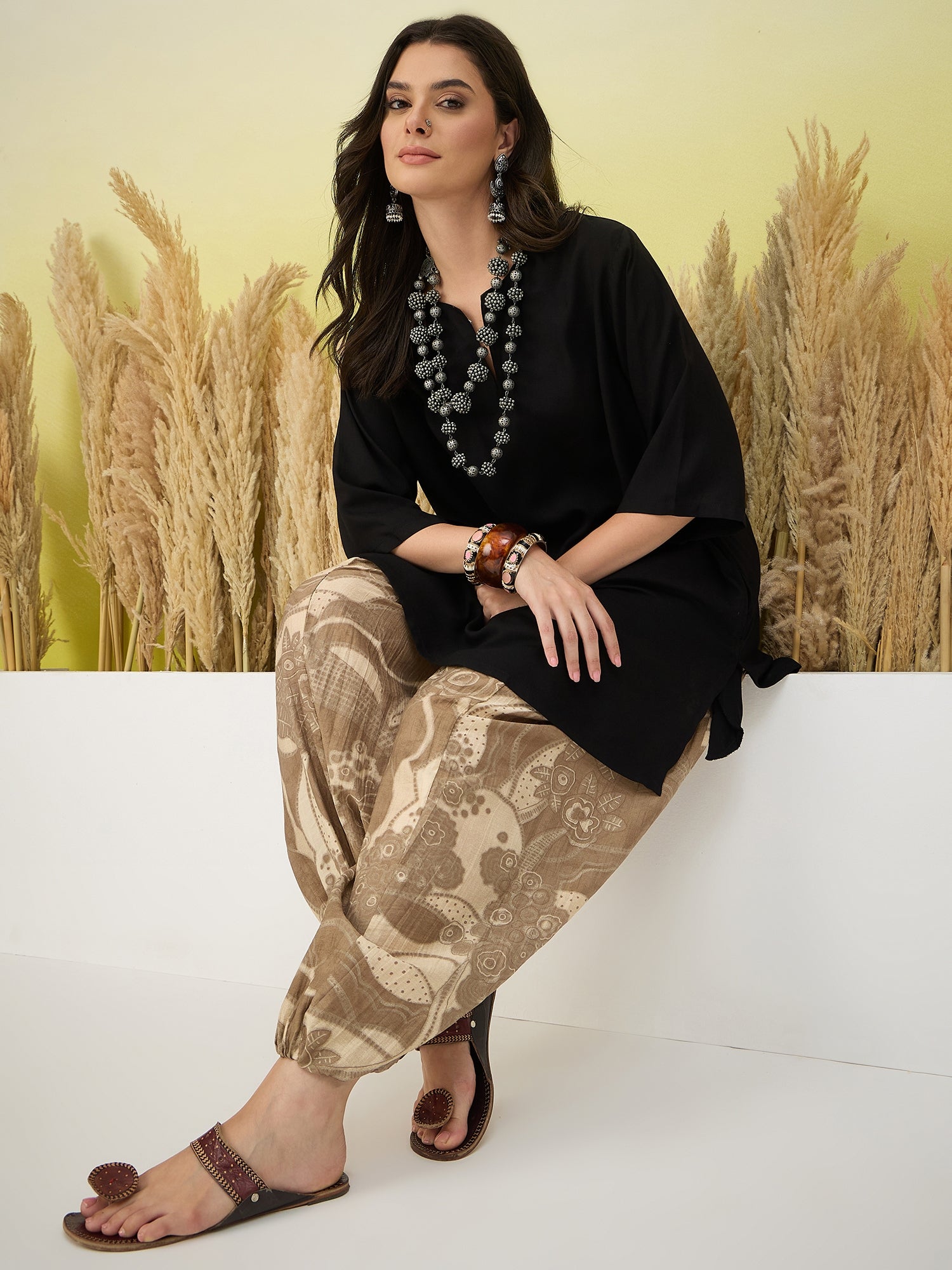 Black Short Kurti Khaki Leaf Balloon Pant Set