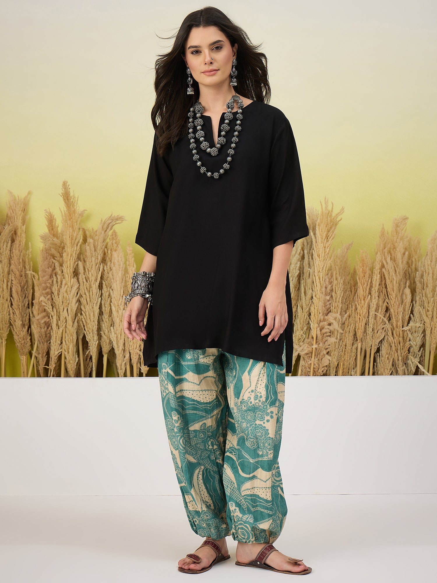 Black Short Kurti Blue Leaf Balloon Pant Set