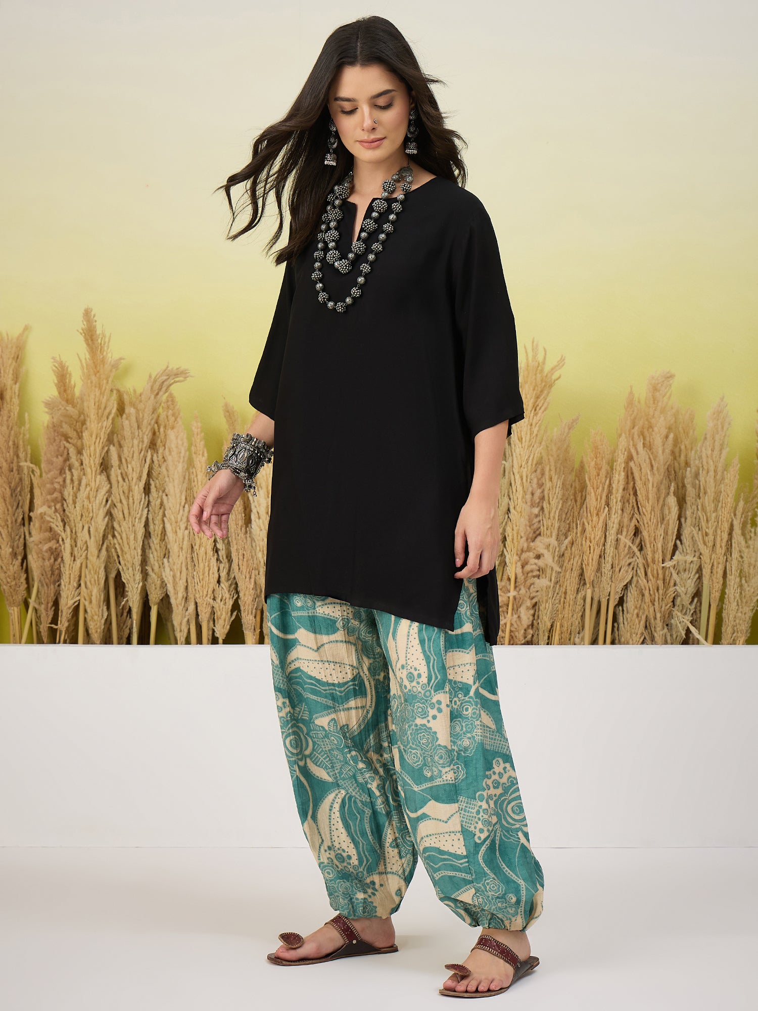 Black Short Kurti Blue Leaf Balloon Pant Set