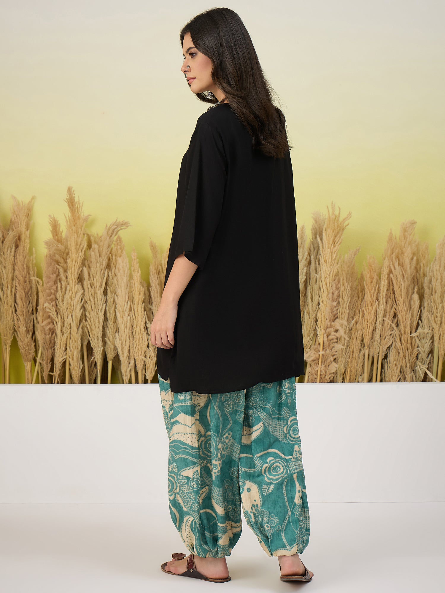 Black Short Kurti Blue Leaf Balloon Pant Set