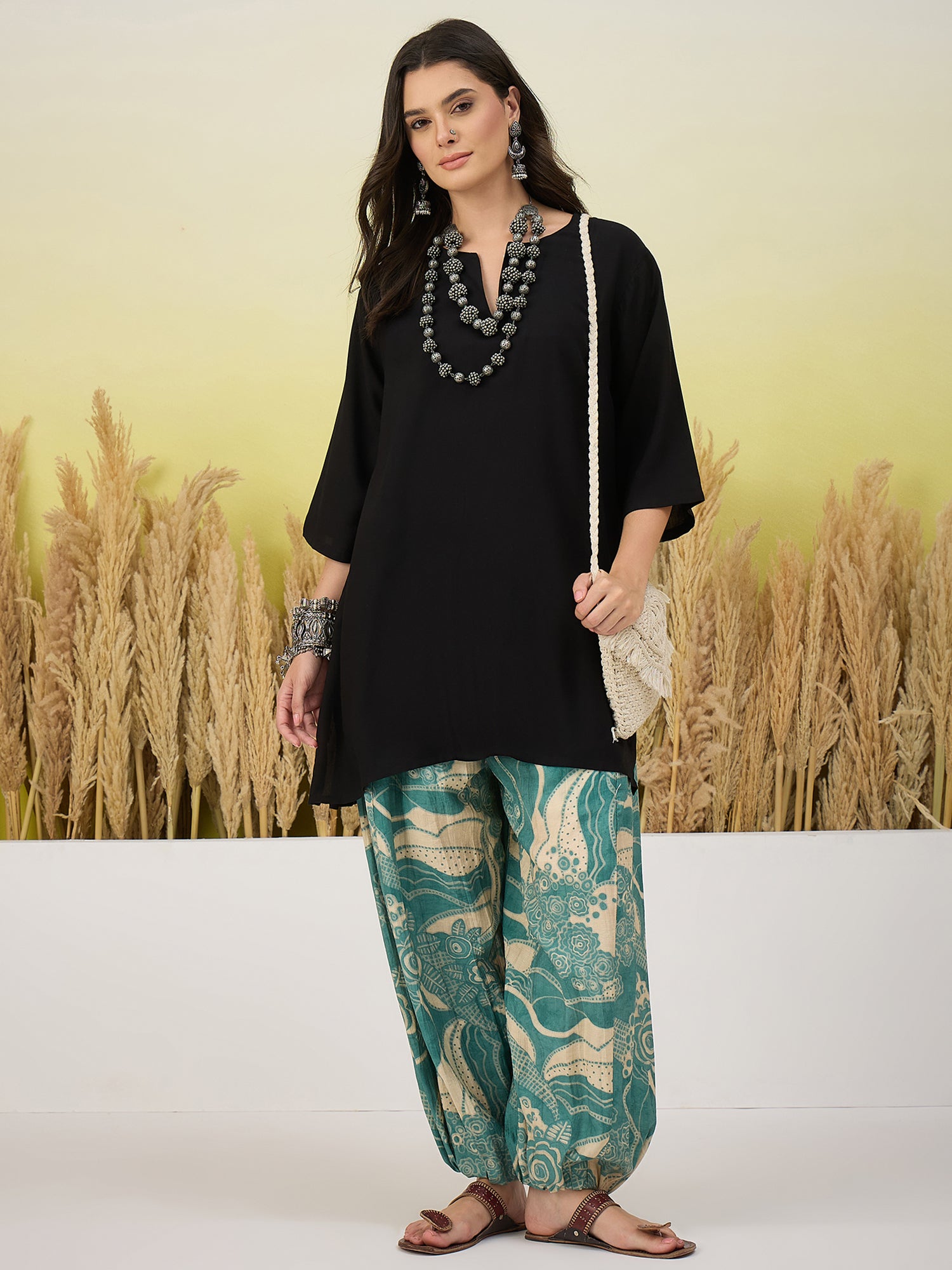 Black Short Kurti Blue Leaf Balloon Pant Set