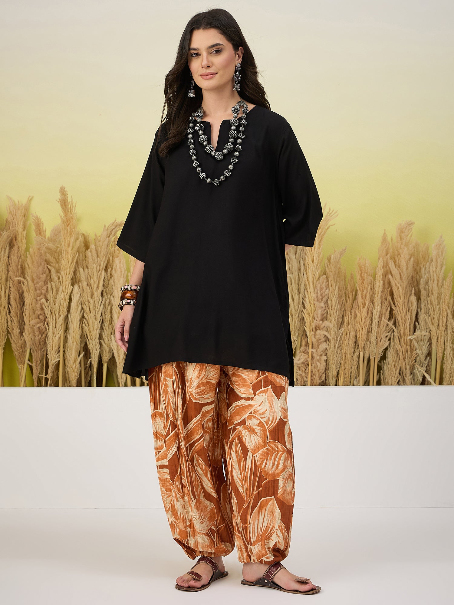 Black Short Kurti Brown Leaf Balloon Pant Set