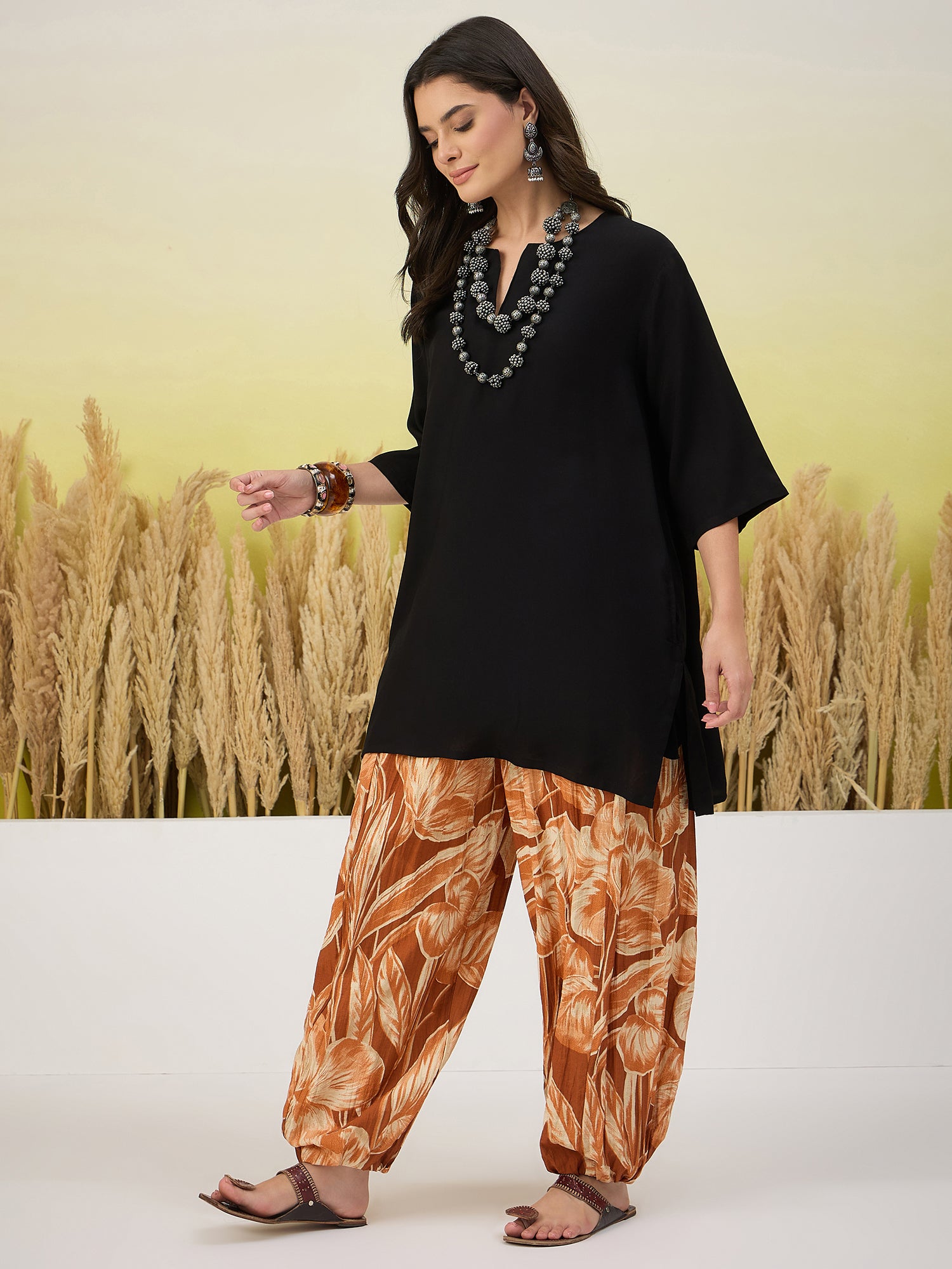 Black Short Kurti Brown Leaf Balloon Pant Set