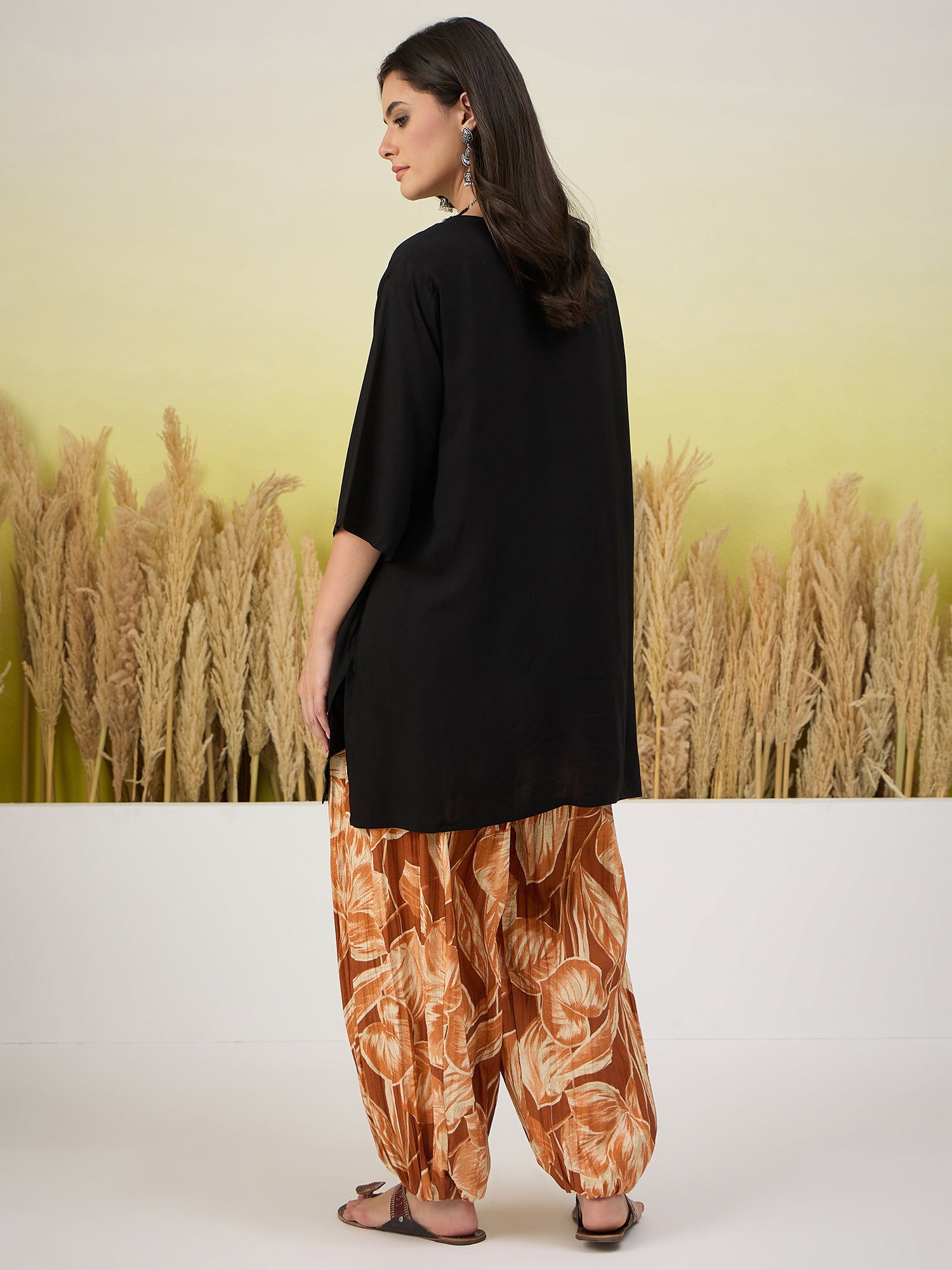 Black Short Kurti Brown Leaf Balloon Pant Set