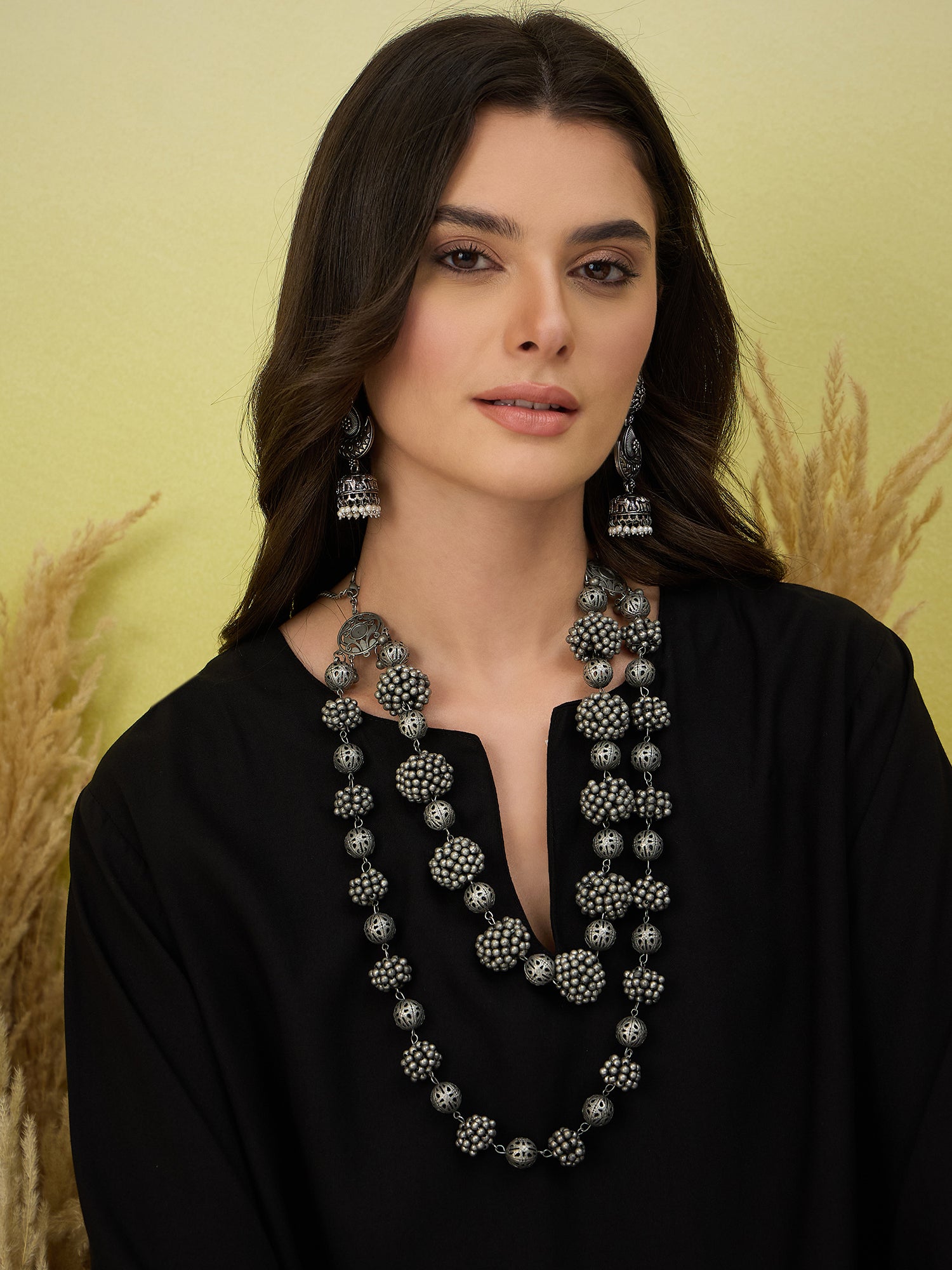 Black Short Kurti Brown Leaf Balloon Pant Set