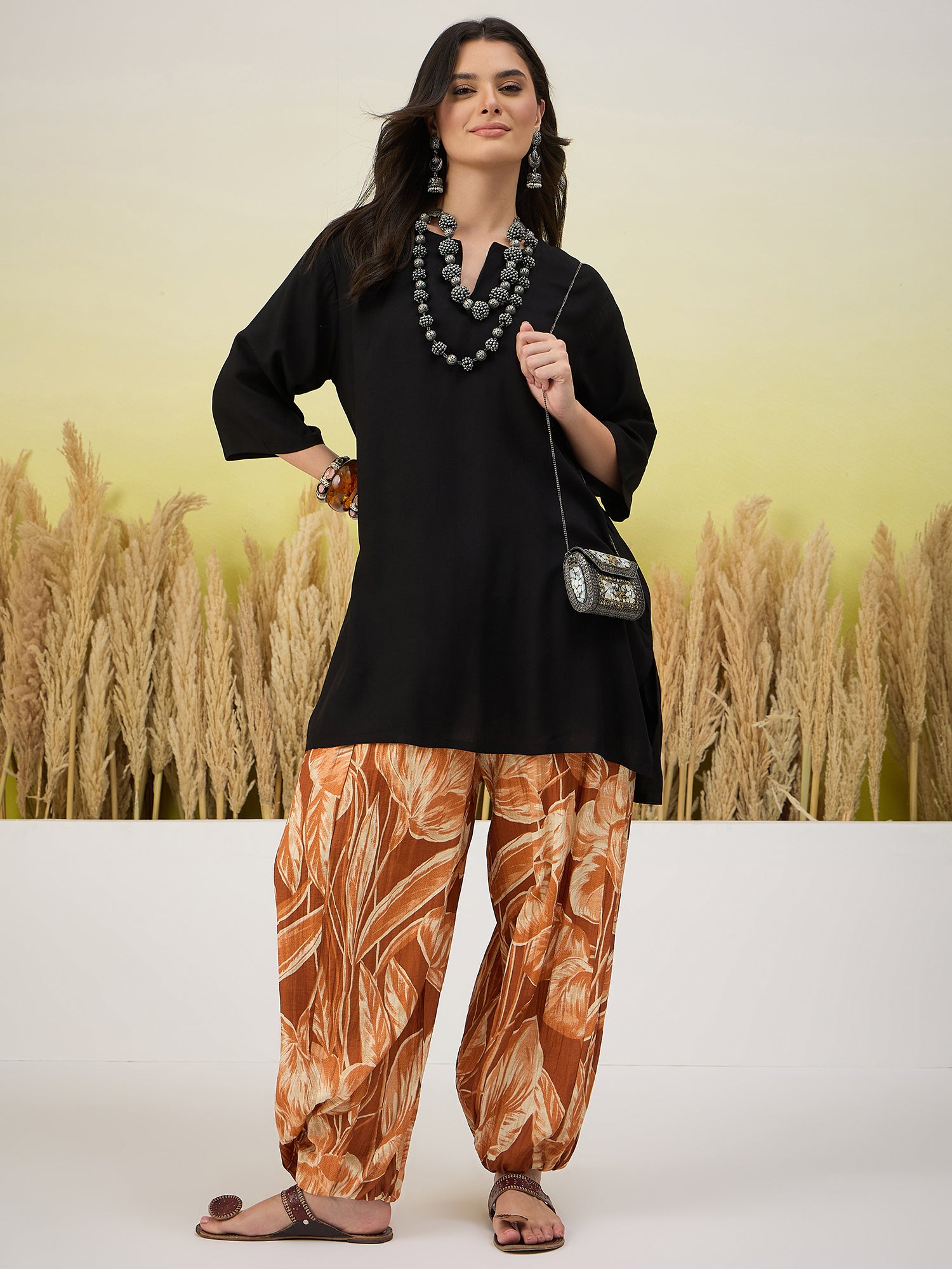 Black Short Kurti Brown Leaf Balloon Pant Set