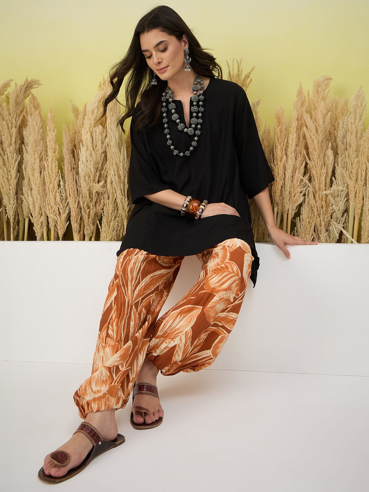 Black Short Kurti Brown Leaf Balloon Pant Set