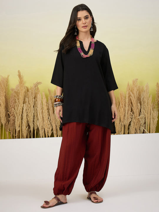 Black Short Kurti Red Solid Balloon Pant Set