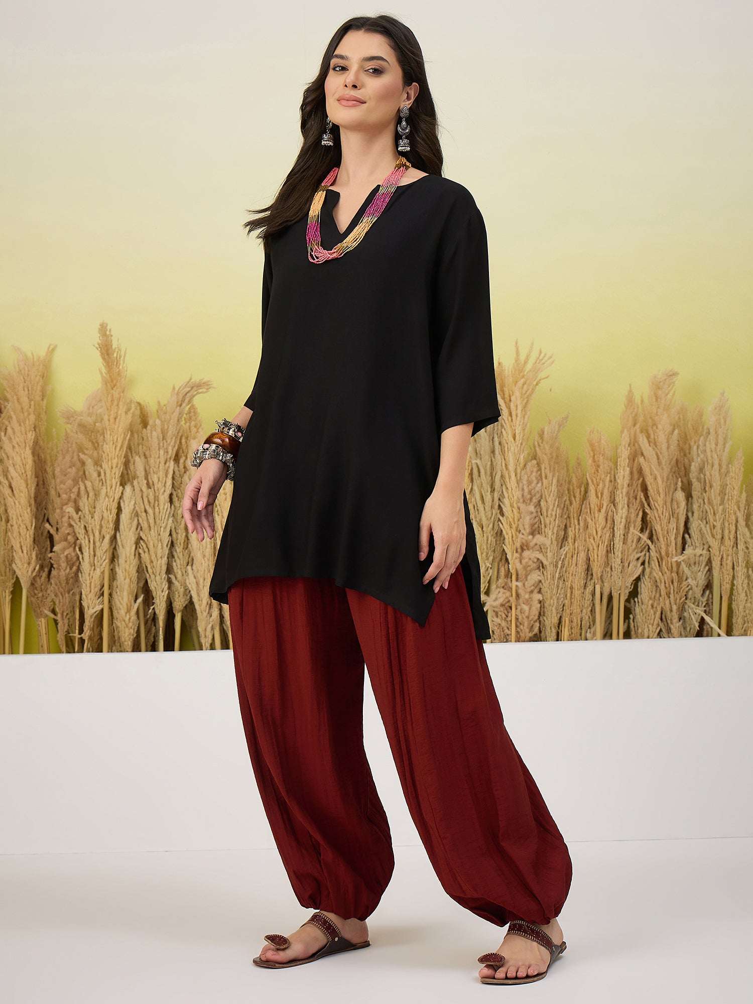 Black Short Kurti Red Solid Balloon Pant Set