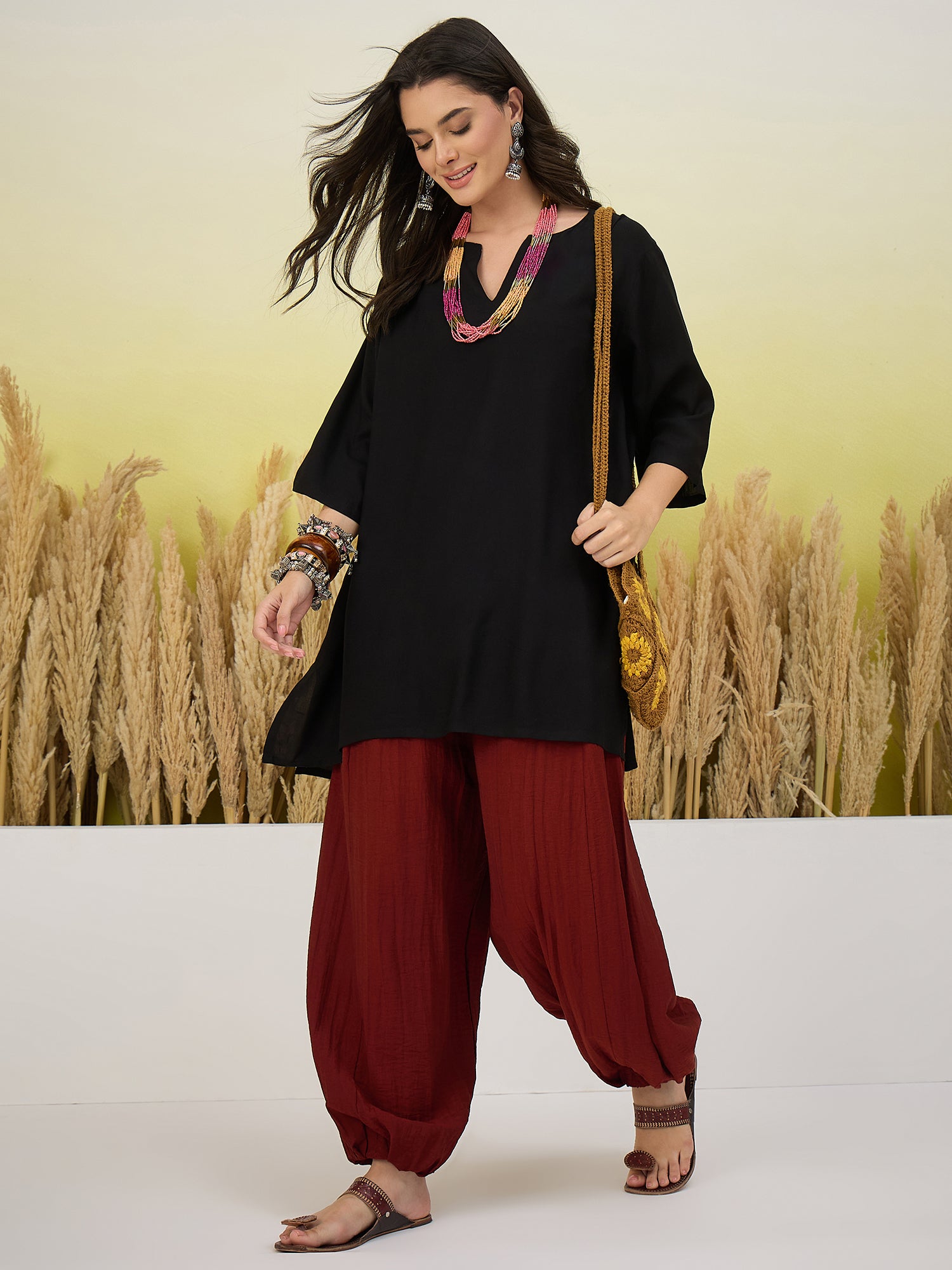 Black Short Kurti Red Solid Balloon Pant Set