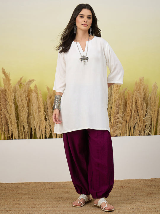 White Short Kurti Purple Balloon Pant Set