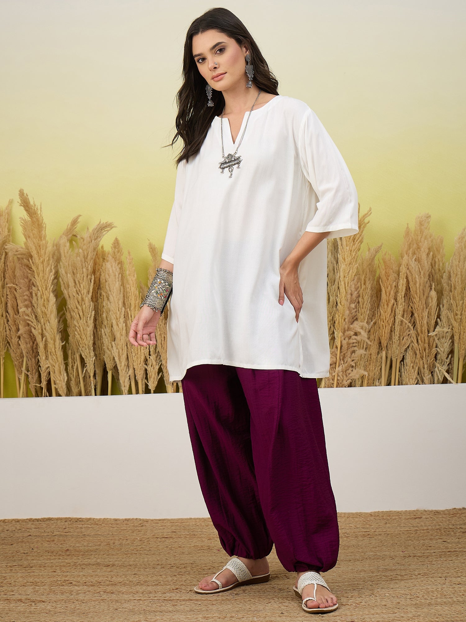 White Short Kurti Purple Balloon Pant Set